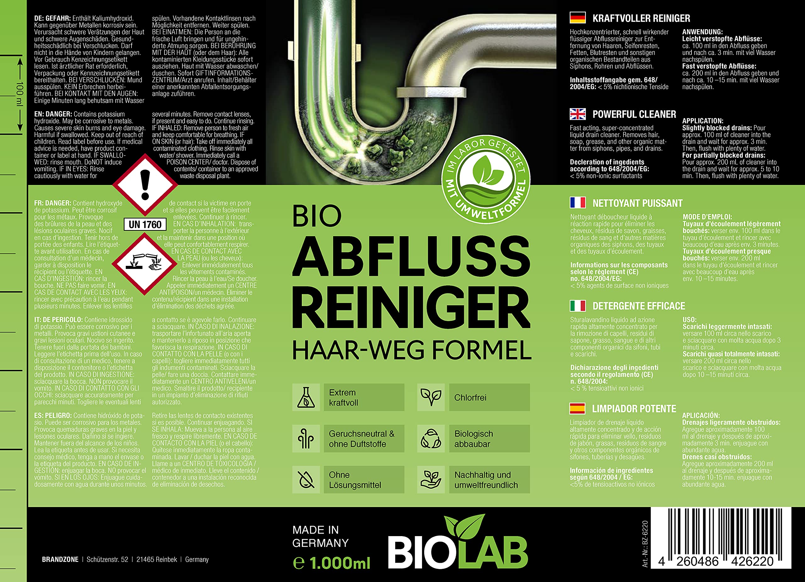 BIOLAB Abflussreiniger (2 x 1000 ml) Rohrreiniger mit Haarweg Formel – Extra Stark - Abflussfrei - Drain Free Abfluss Reiniger