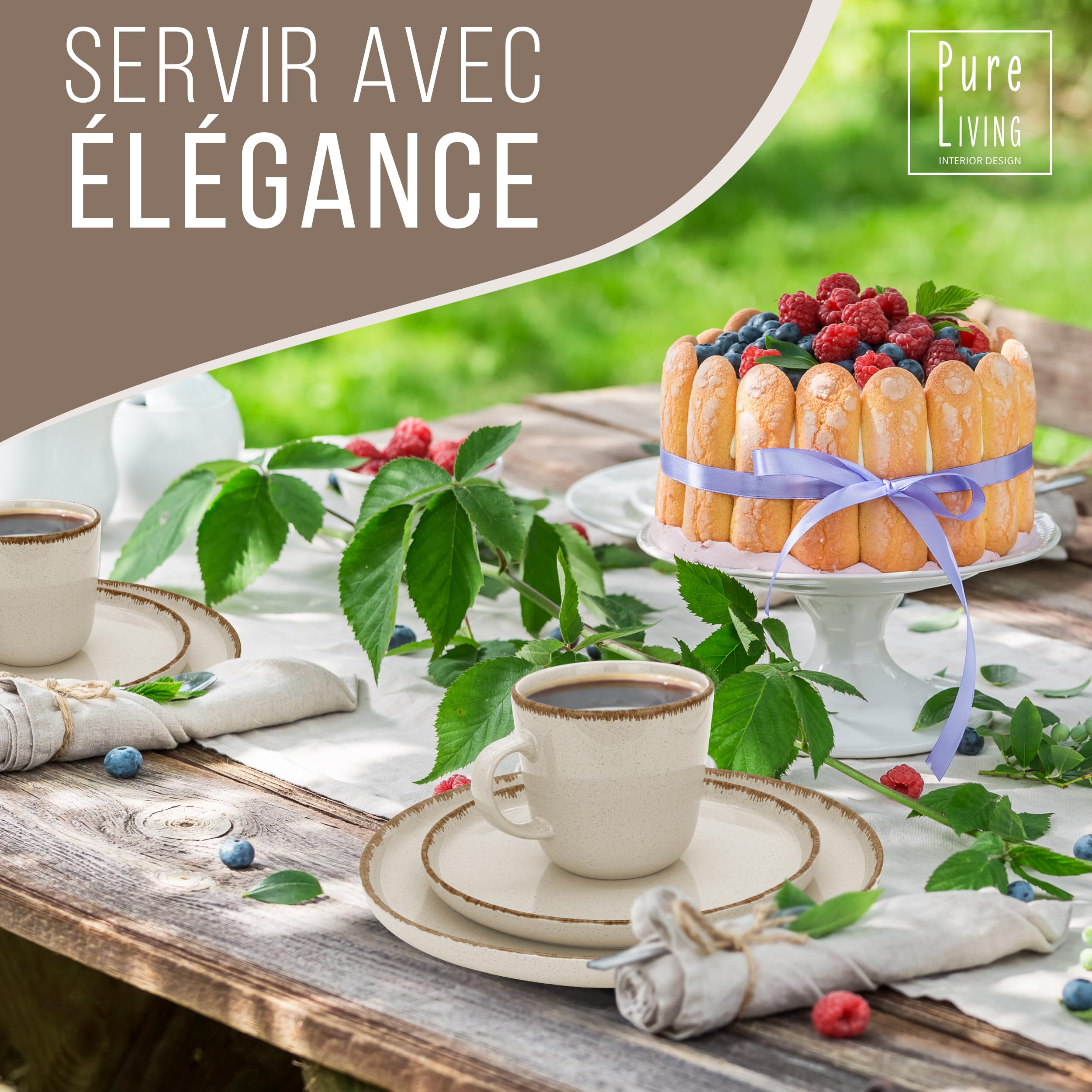36 Piece Dinnerware Sets for 12 - Rustic design crockery set, dishwasher safe - Bowl and plate set - Pure Living dinnerware in beige