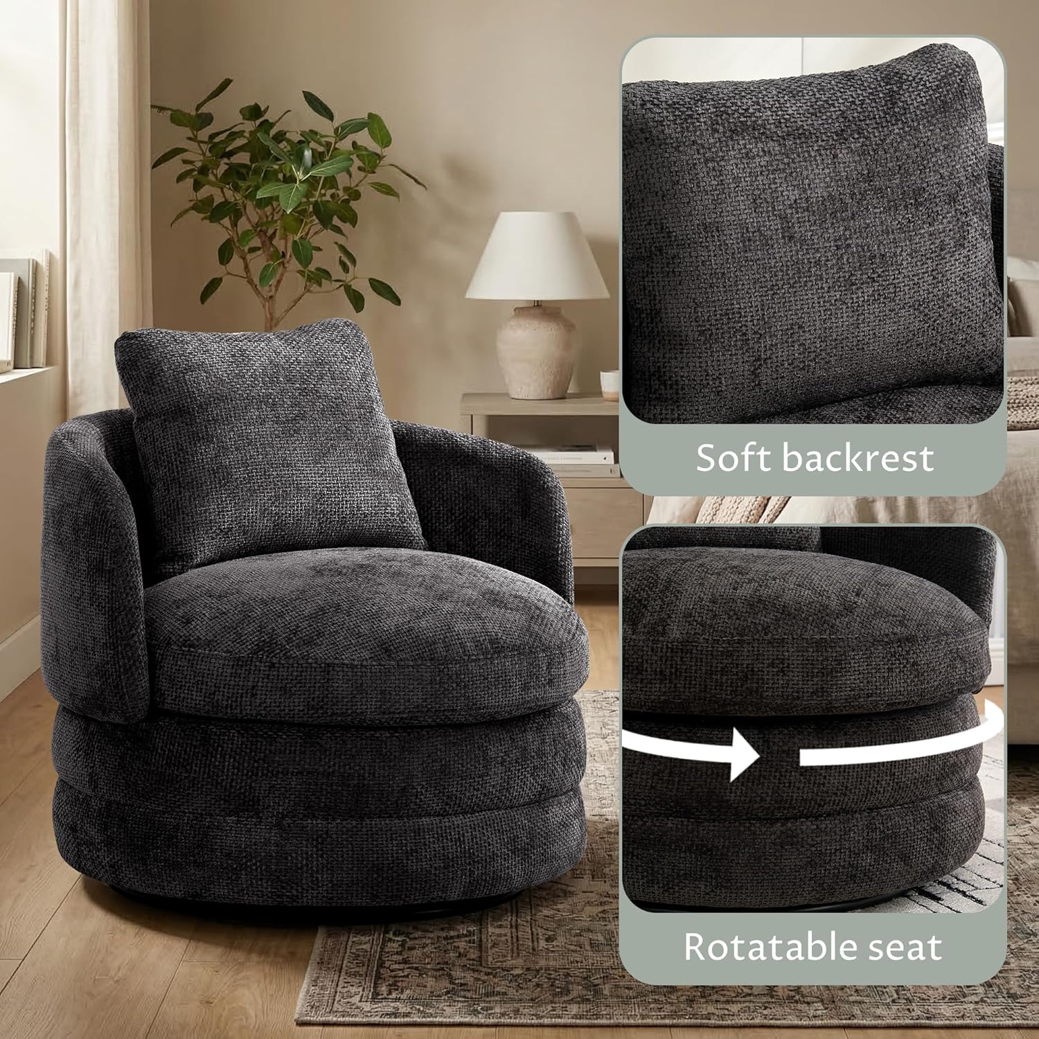 GRAVFORCE 360° Swivel Barrel Accent Chair, Modern Round Armchair for Living Room, Bedroom, Upholstered Comfy Club Reading Chairs with Pillow（Chenille, Dark Gray