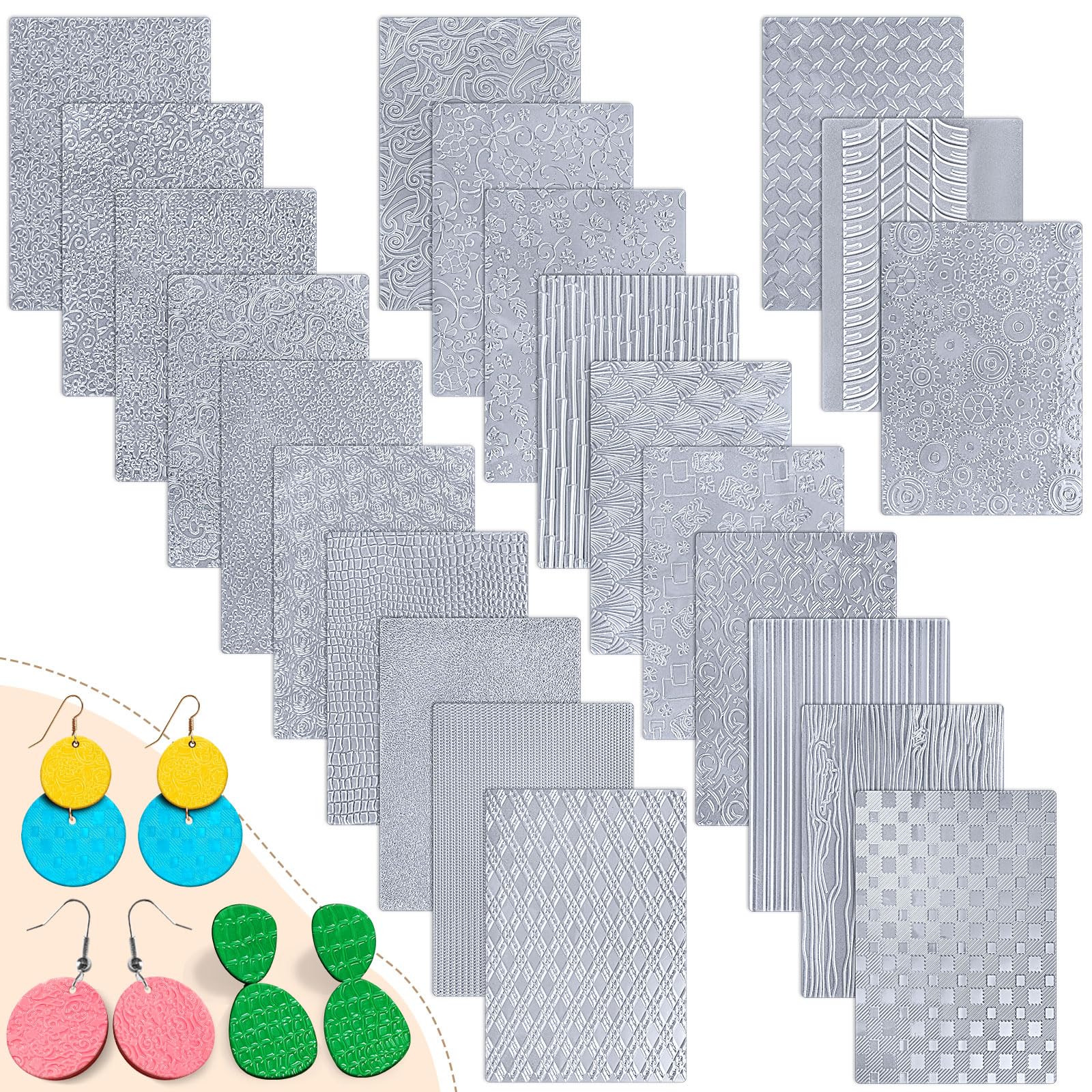 XunYee 23 Pcs Polymer Clay Texture Sheets for Earrings Jewelry Making 17 x 25 Boho Clay Fondant Texture Mats for Pottery Earrings Jewelry Making DIY Crafts