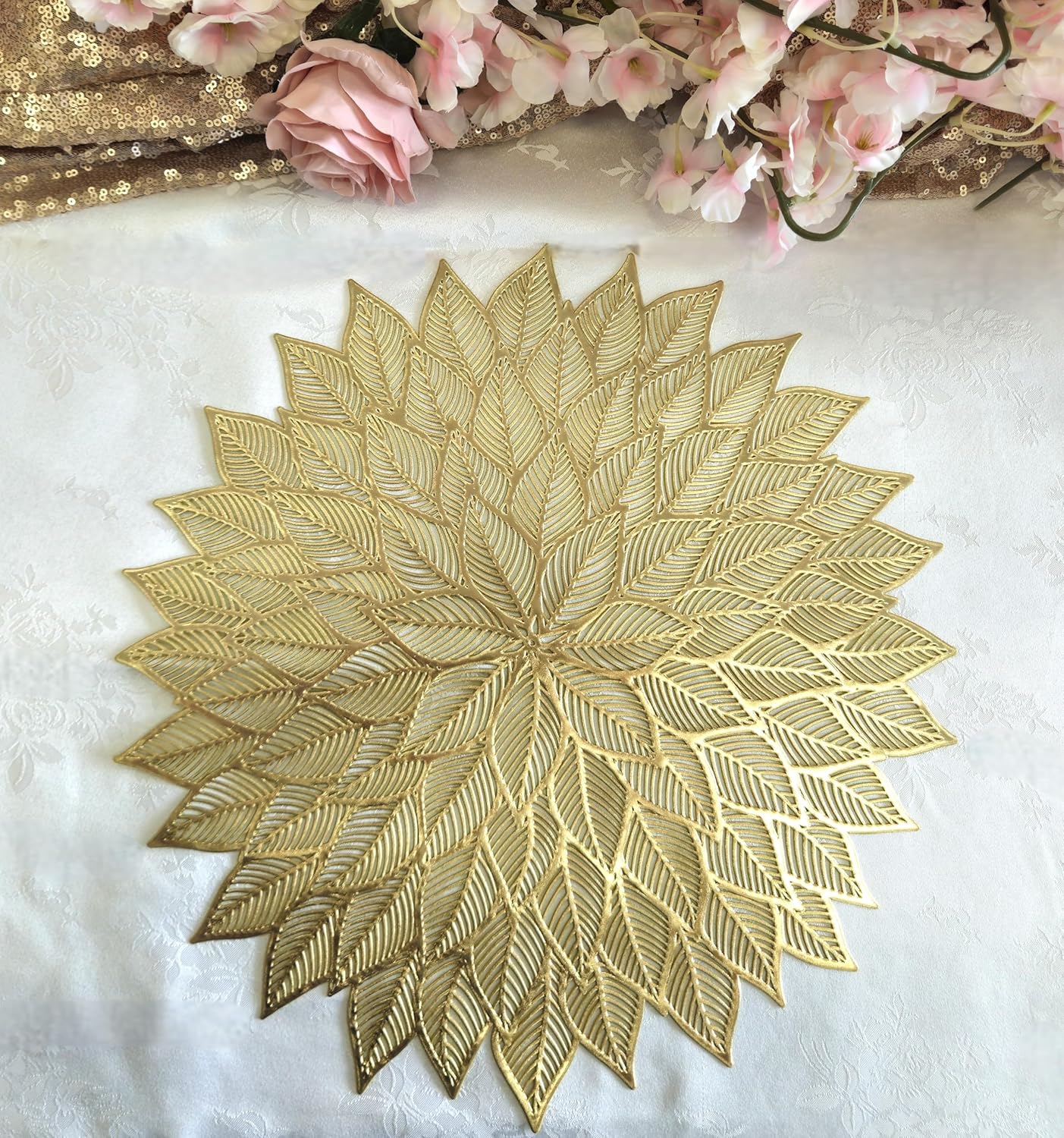 " OCCASIONS " 10 Pieces Pack Pressed Vinyl Metallic Placemats/Wedding Accent Placemat (Dhalia-Matt Gold)