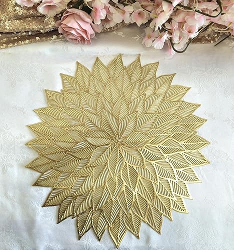 Miniatura 5 de Paquete de 10 manteles individuales metálicos de vinilo prensado/mantel individual decorativo de boda (Dhalia-dorado mate)