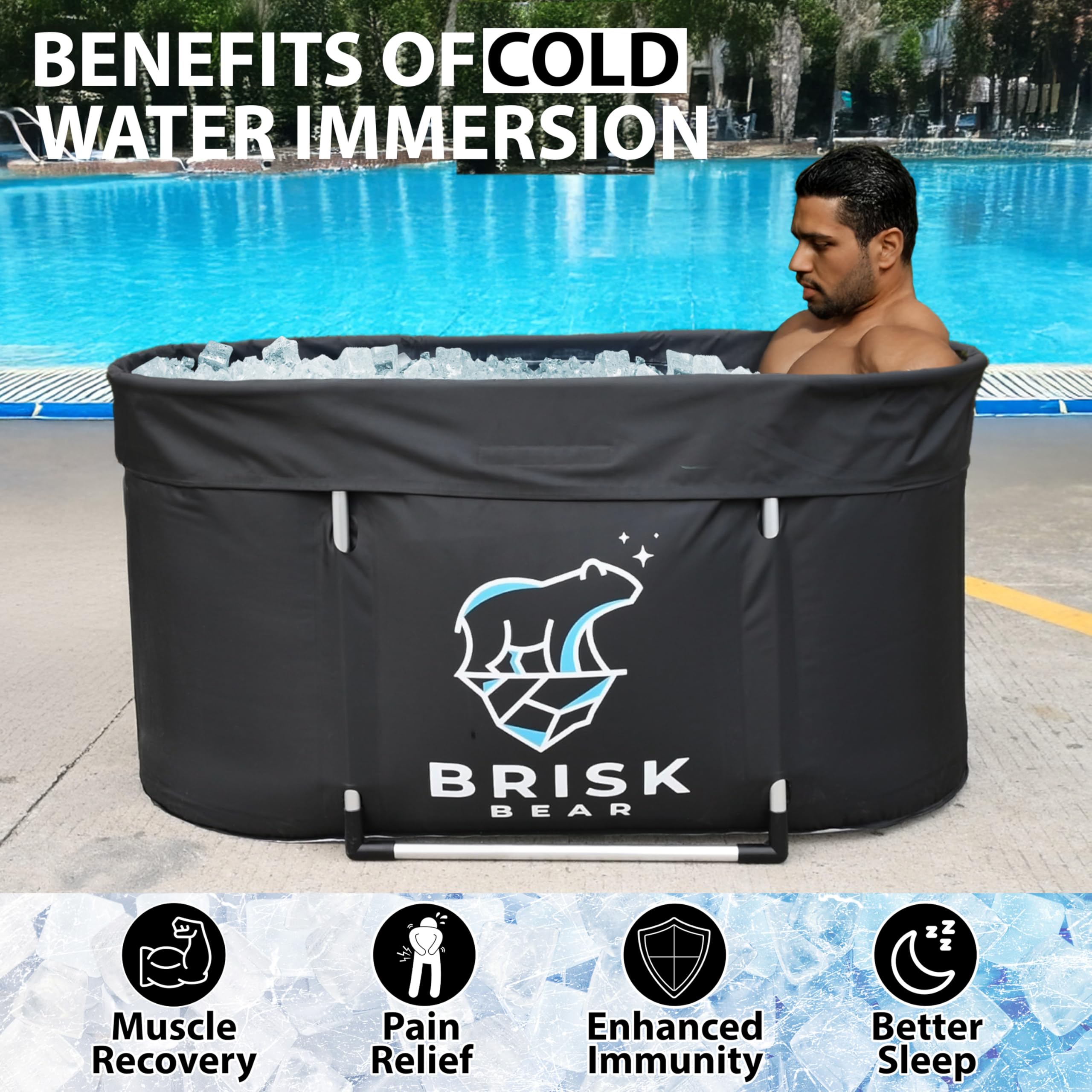 Ovale Eisbadewanne für Sportler mit Abdeckung von Brisk Bear – extra große kalte Tauchwanne zur Erholung – Eiswanne mit digitalem Timer, Thermometer und wiederverwendbaren Eisformen
