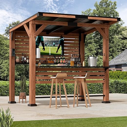 Modern Shade Aura Outdoor Bar with TV Mount, Cedar Wood Gazebo with Shelves & Paper Towel Holder, Grill Gazebo with USB and USB-C Charging Ports, Galvanized Steel Sloped Roof, Bar Gazebo for Patio