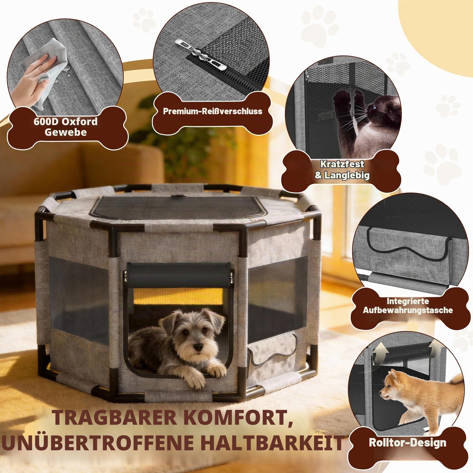 UISEBRT Welpenauslauf Freilaufgehege,Welpengehege aus Oxford-Gewebe,atmungsaktives Netz mit Reißverschluss & Seitentasche,Laufstall Laufgitter Indoor für Hunde Katzen,113.5x113.5x60cm Achteckig