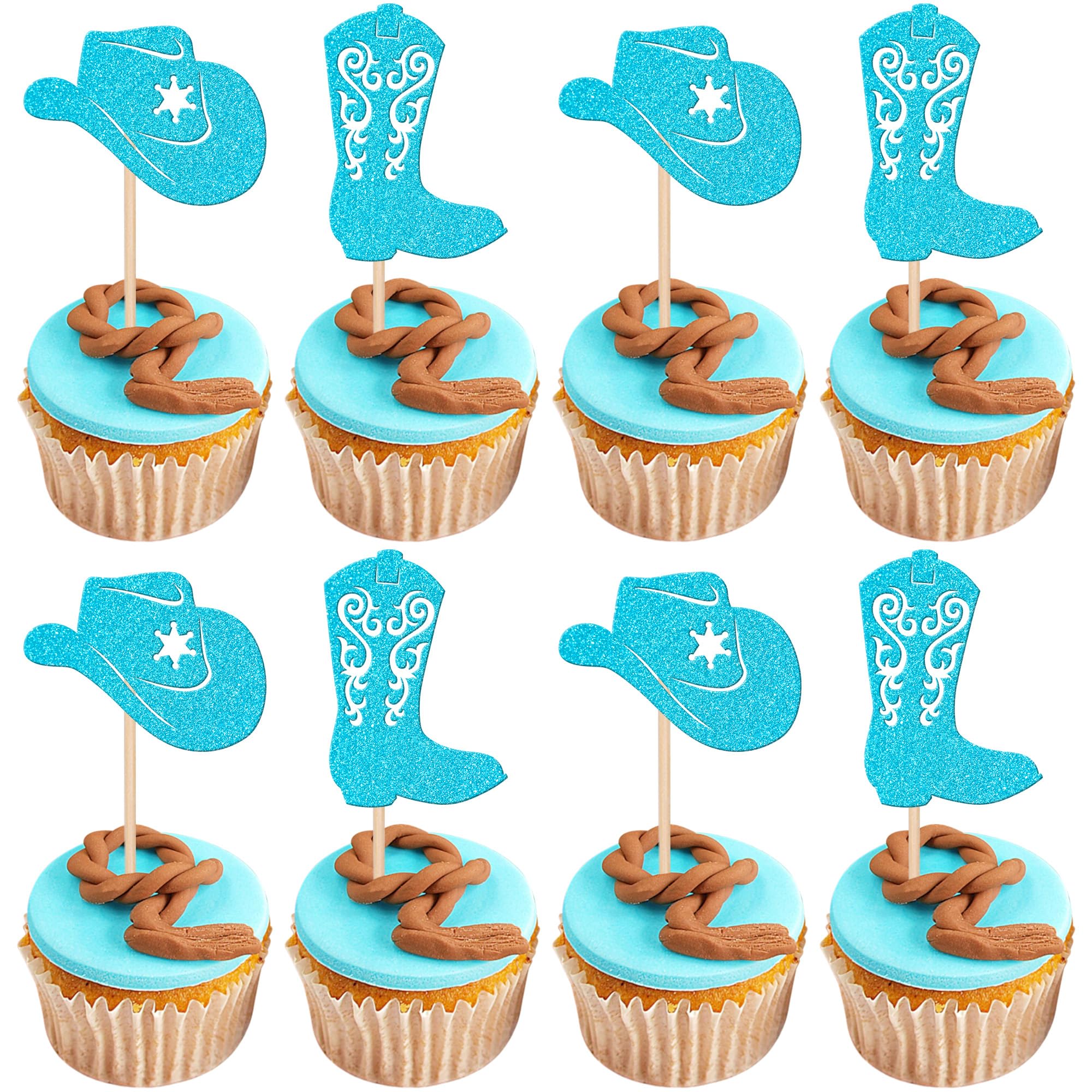 Xsstarmi 24 Pack Blue Cowboy Cupcake Toppers Glitter Cowboy Hat Boots Cupcake Picks It's a Boy Cake Decorations for Cowboy Theme Baby Shower Boys Birthday Party Supplies โ image 1