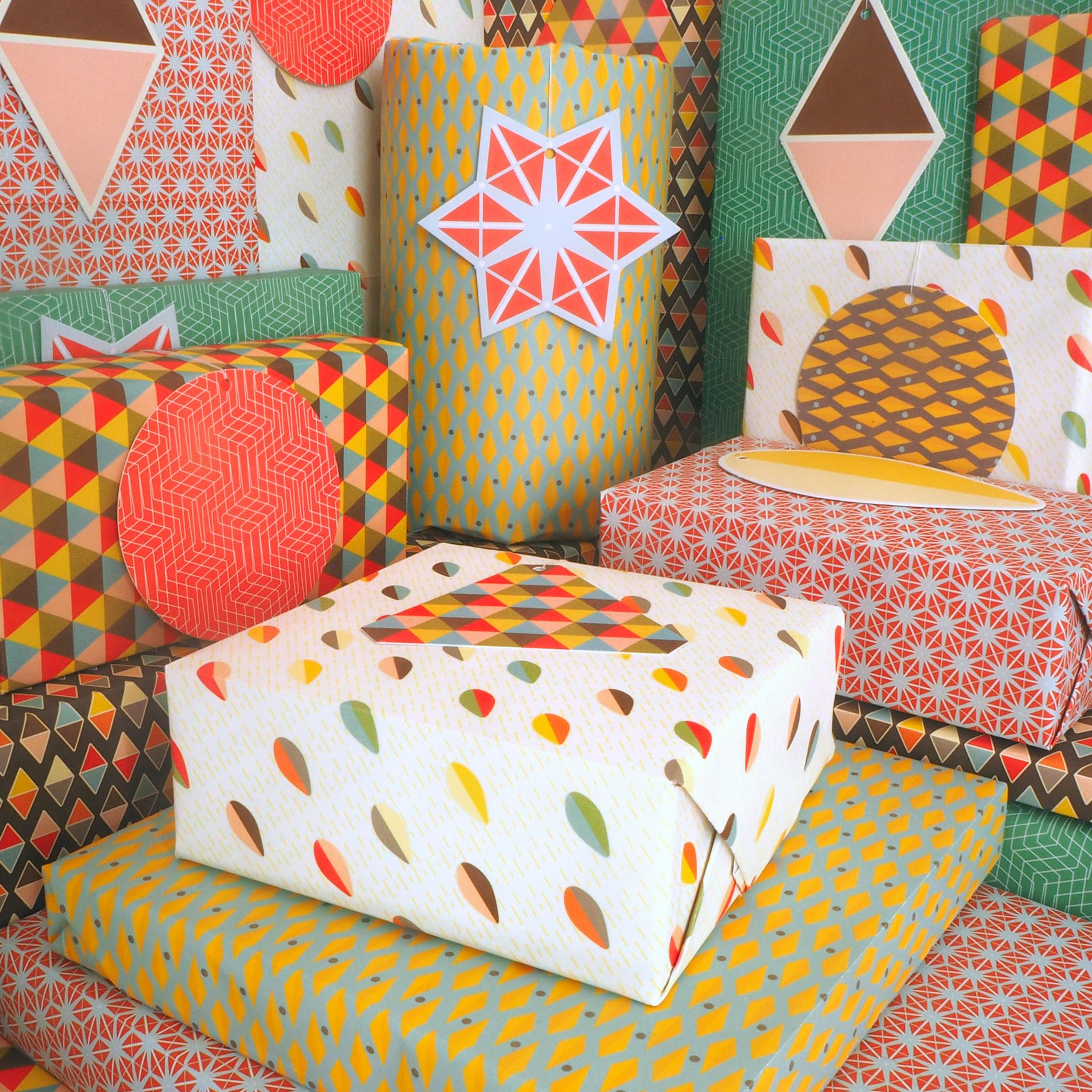 Bright Stem Recyclable Gift Wrapping Paper (6) Eco Mixed Sheets (Folded) Geometric Patterns and Tags, Made in The UK