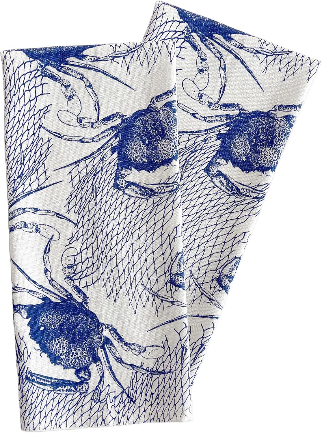 Caskata Crabs & Nets Kitchen Towels Set of 2 | 100% Cotton Quick Dry Cleaning Dishtowel | Perfect for Home, Dining, Birthday, Gifts | Blue and White, 20.5W X 30L