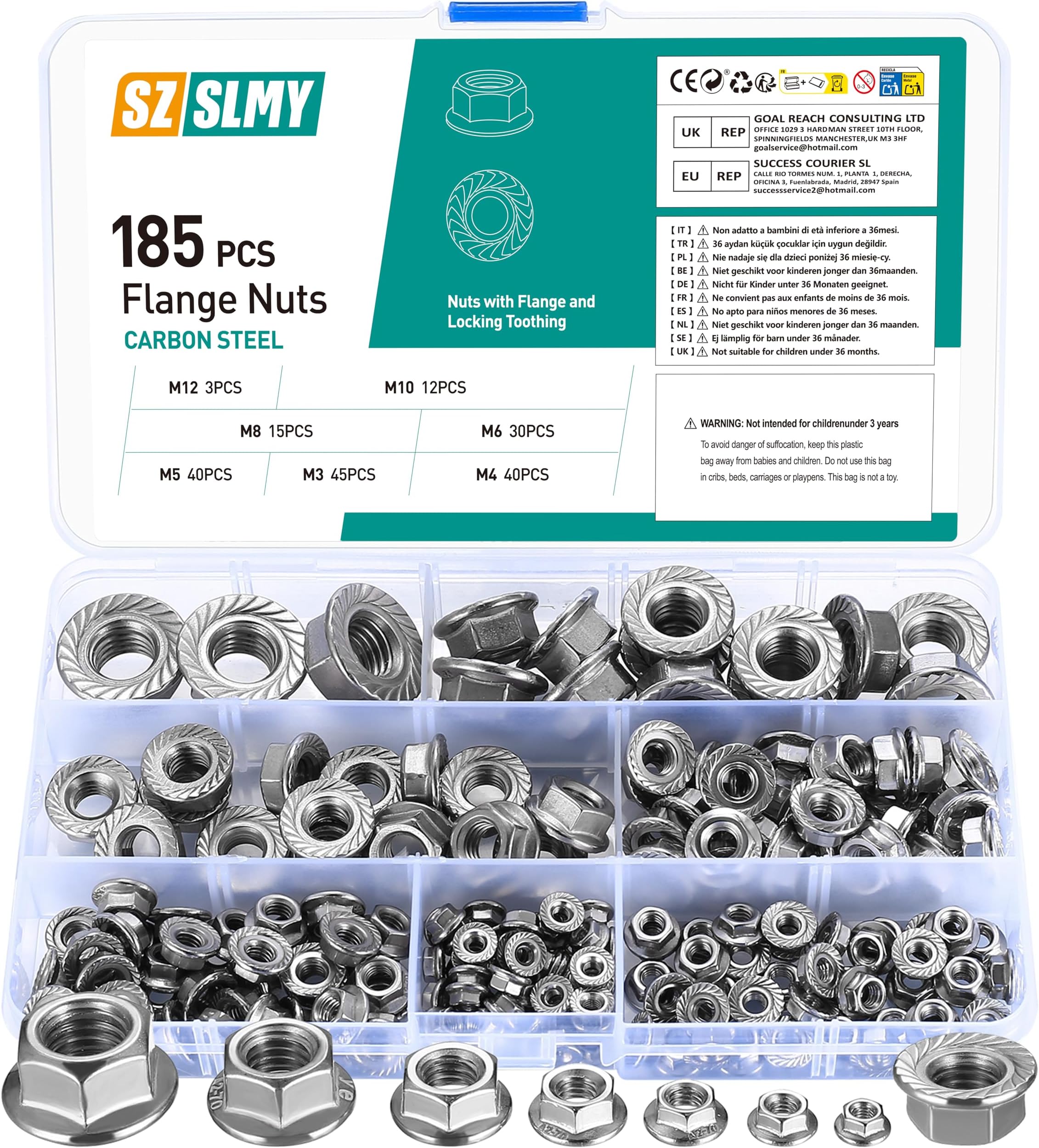 185 Pcs Hex Flange Nuts, Serrated Flange Hex Nuts, Serrated Flange Nuts, Flanged Lock Nuts, Stainless Steel Serrated Nut, Universal Locknuts for Furniture Construction, M3 M4 M5 M6 M8 M10 M12