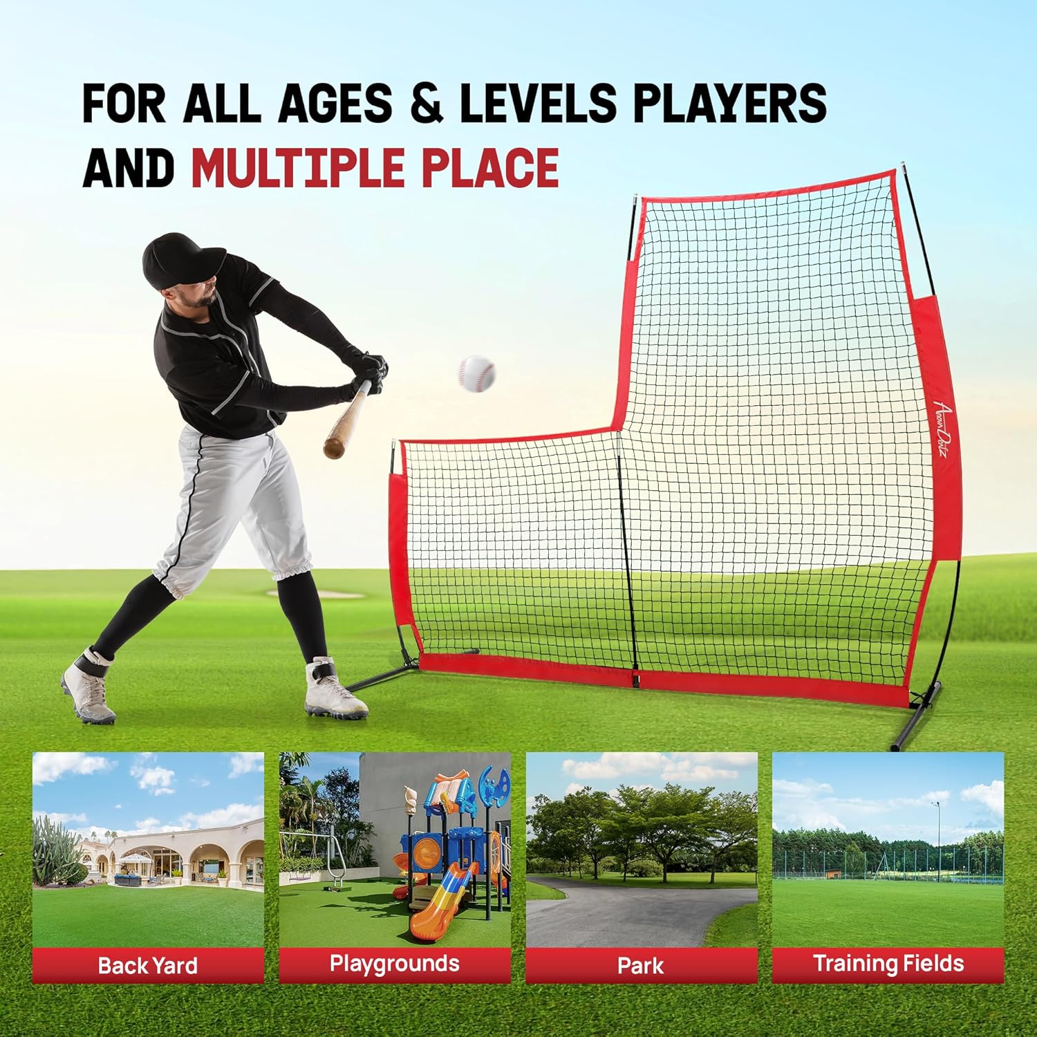 Portable L-Screen Baseball 7x7ft with 2 Baseballs, Rubber Wheels - L Screen Baseball for Batting Cage, Protective Pitching Screen Net Double Layers, Carry Bag Included