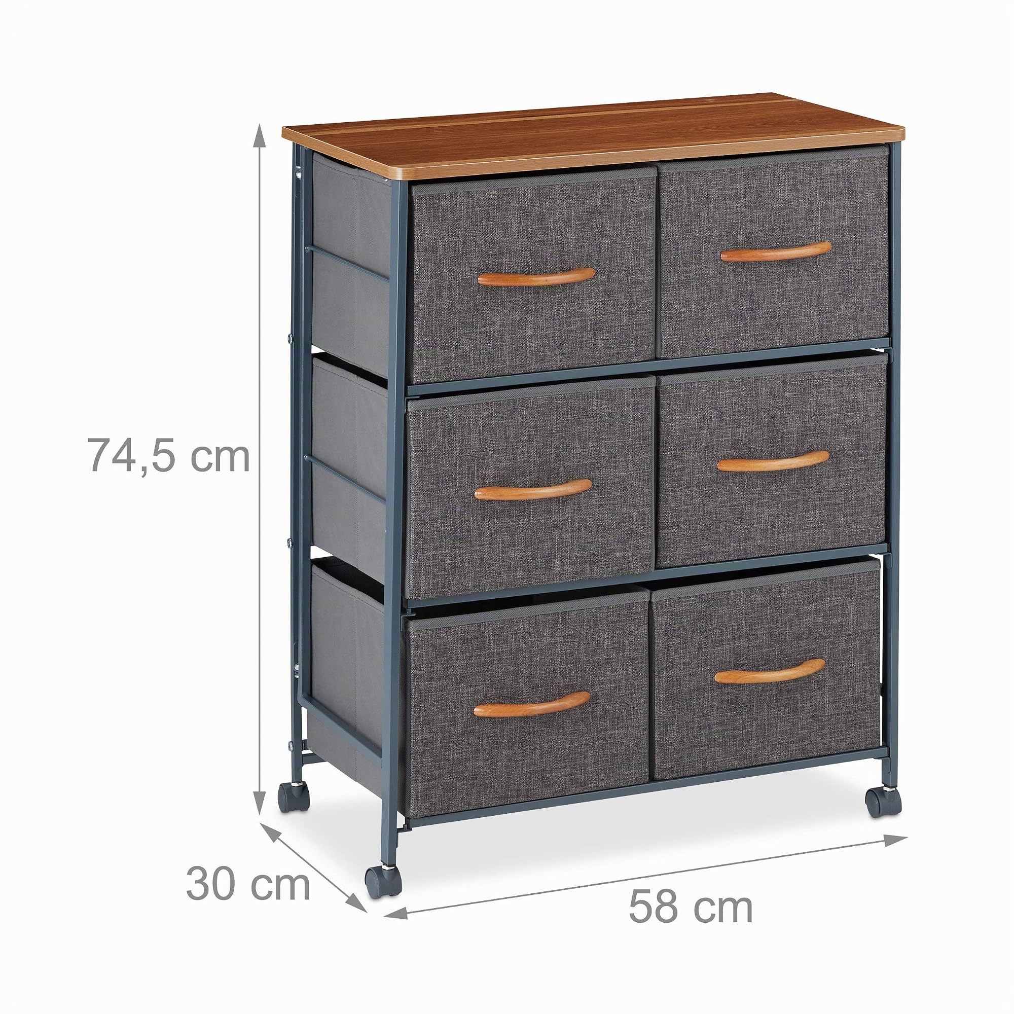 Relaxdays Schubladenschrank mit Rollen, 6 Stoff Schubladen, Deko Stoffschrank, Holzoptik, HBT 74,5 x 58 x 30 cm, grau