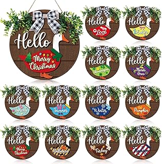 Weysat 13 Pcs Interchangeable Wooden Goose Decor, 11.8 Inch Holiday Seasonal Welcome Changeable Hello Geese Signs Rustic Farmhouse Front Door Round Wreaths Hanging Decorations for Porch Home Outdoor
