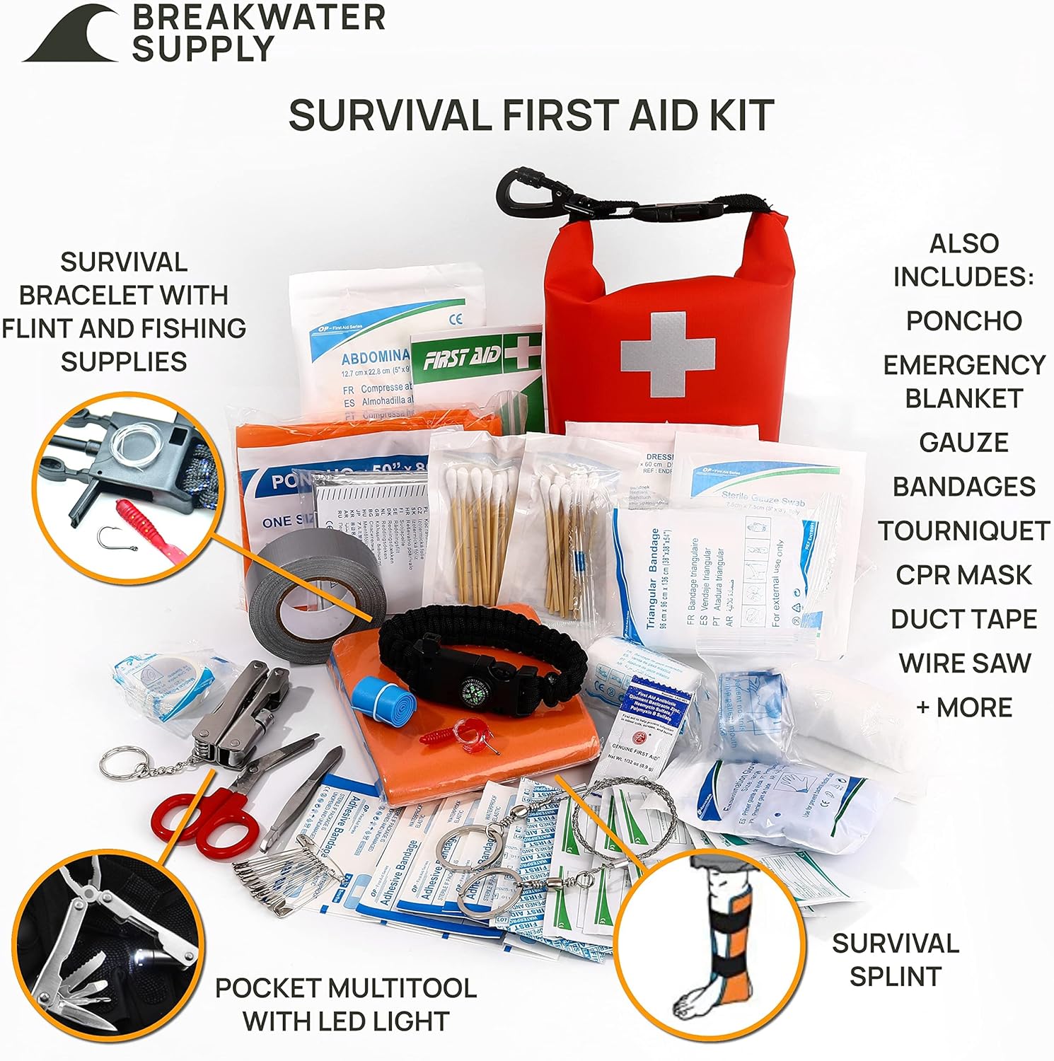 Breakwater Supply™ First Aid Kit Survival Emergency Kit, Waterproof, 101 Piece IFAK Trauma Kit Bug Out Bag + Emergency Supplies for Camping, Hiking, Backpacking in Dry Bag with Tourniquet, Splint : Sports & Outdoors