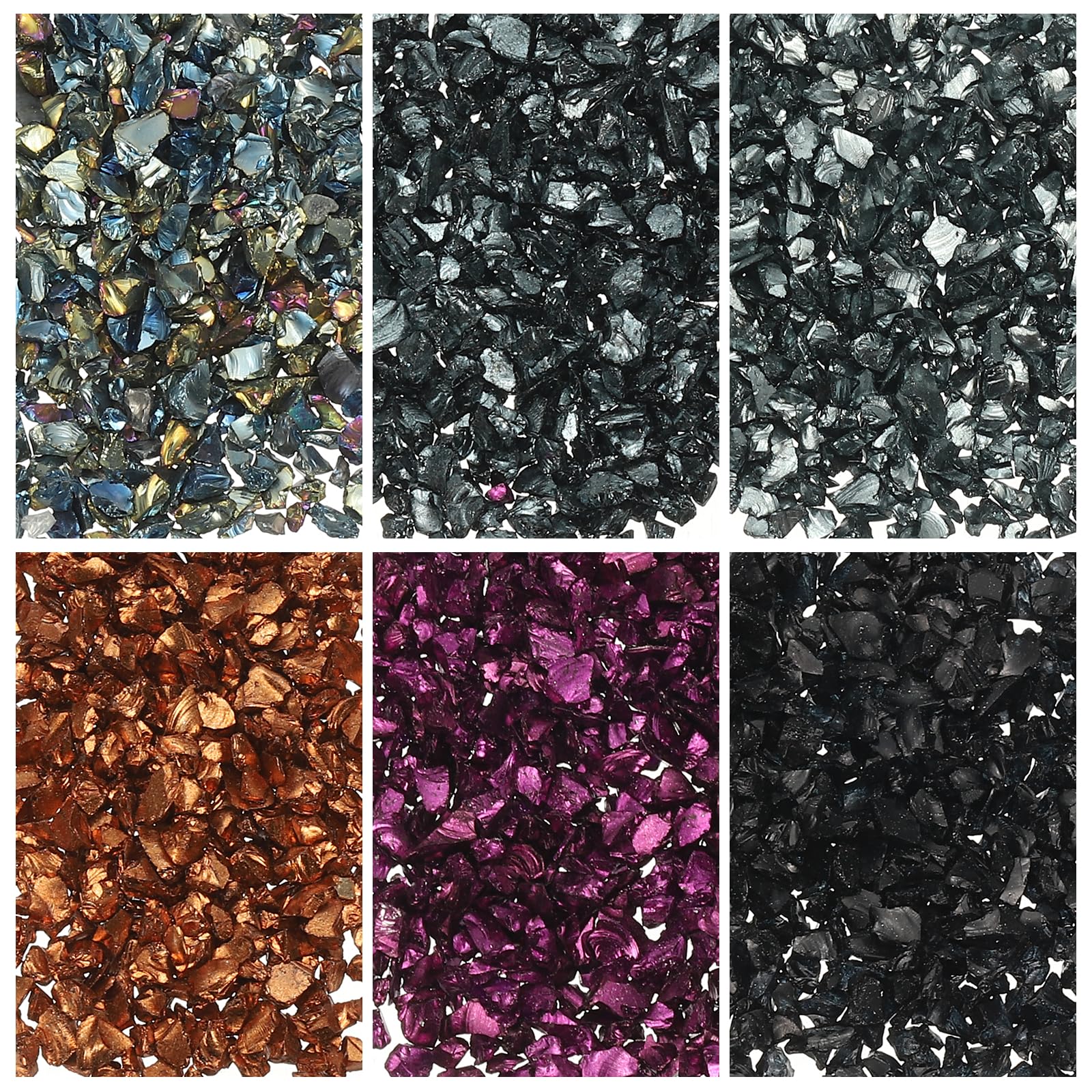 sourcing map 6 Colors Crushed Glass Chips, 1-3mm Irregular Glitter Metallic Glass Broken Glasses Pieces with Laser Bag for Craft DIY Vase Epoxy Halloween Decoration 33g, Dark Color Series