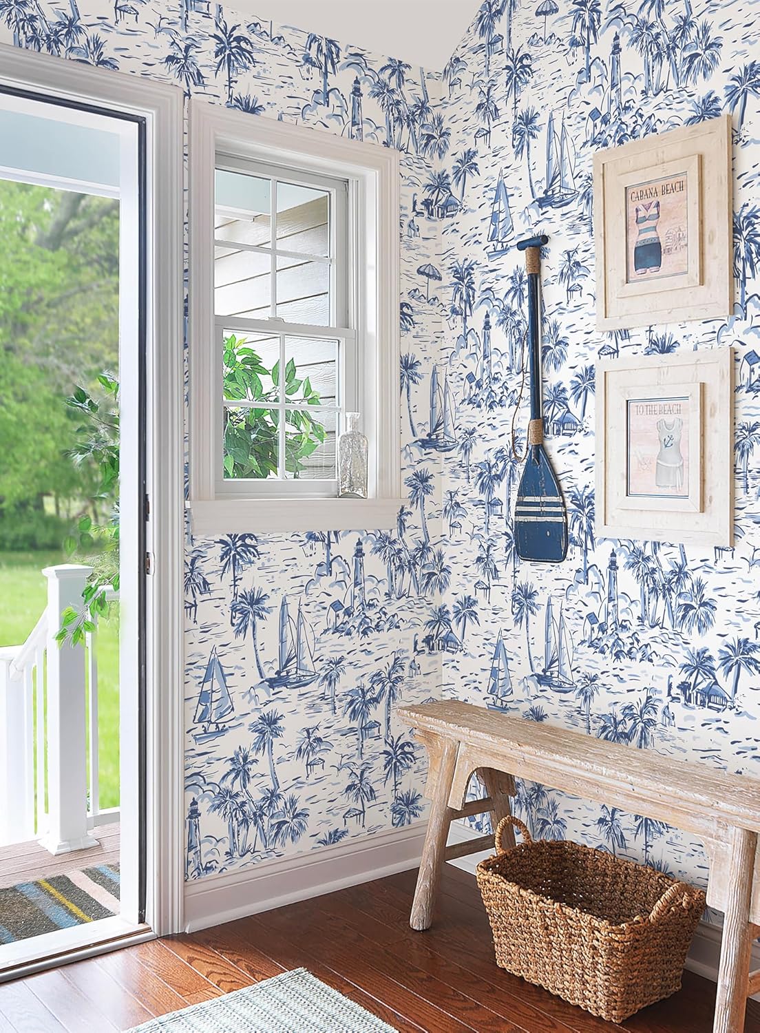 Navy Nautical Peel and Stick Wallpaper Toile Wallpaper for Bathroom French Vintage Contact Paper for Bedroom Walls Backdrop Cabinet Home Decor 17.3"x118" (Blue, 17.3"x118")