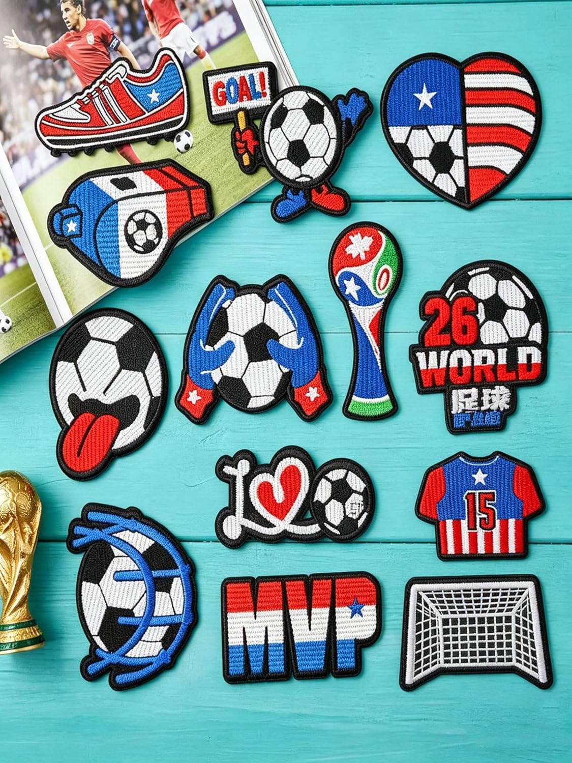 2026 World Cup Soccer Iron on Patches 12PCS Theme, US Flag Football Embroidered Patch,American Sports Appliques for Clothing Trucker Hat Jerseys Caps Jacket Backpack Fan Gear Team Decor
