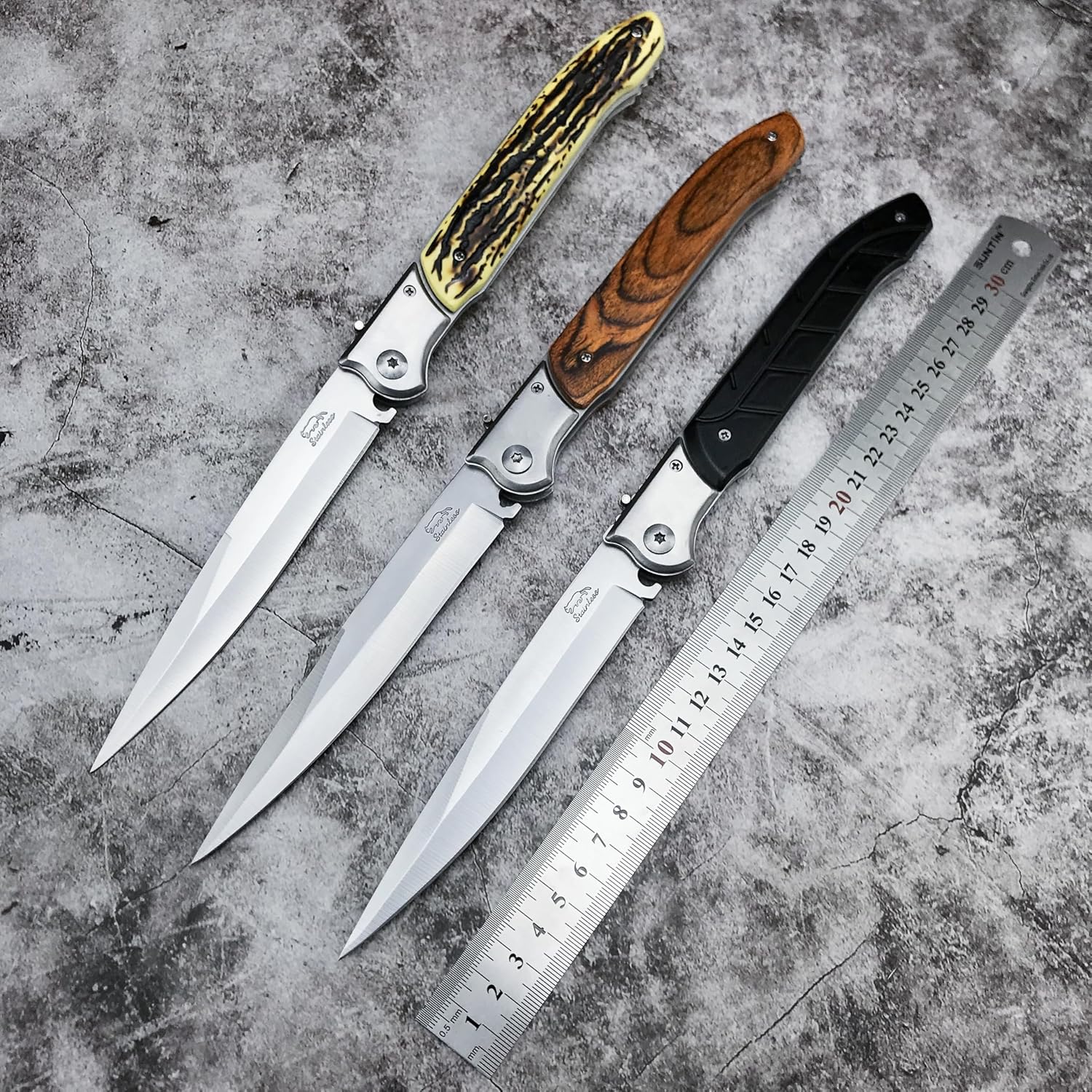Premium Folding Hunting Knife, 12.2 Inch Full Length, 440C Steel Blade, 3 Handle Options - Black G10, Wood, Yellow Resin (Black G10 handle)