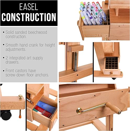 Miniatura 5 de U.S. Art Supply Caballete de estudio ajustable de madera con manivela basculante, marco en H extra grande, mástil de 132 pulgadas, lona a 81