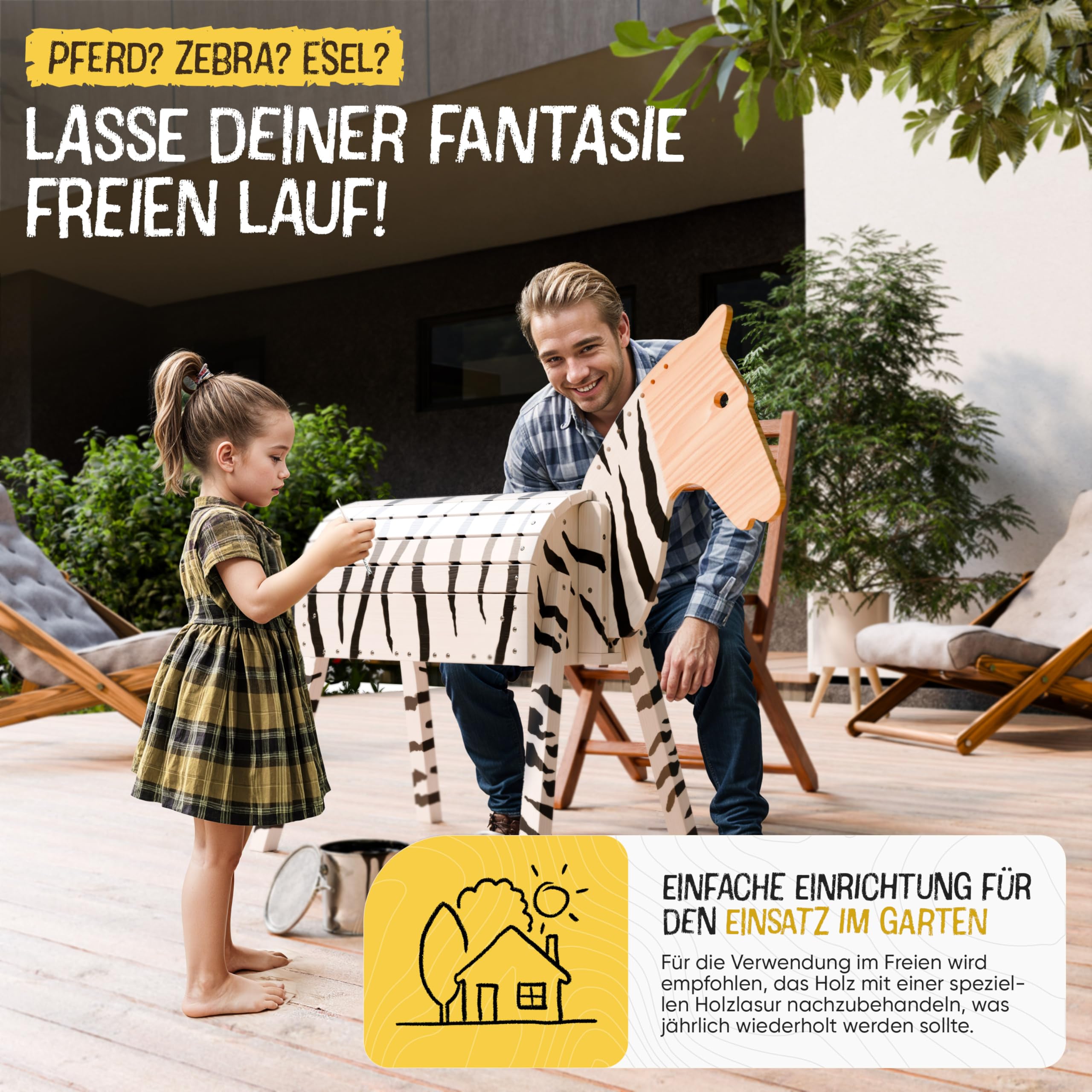FRIEDO Holzpferd mit Sattel (Sitzkissen) & Pferdegeschirr, Höhenverstellbar | Kleines Spielpferd aus unbehandeltem Holz mit beweglichem Kopf, Holzpferd für draußen im Garten geeignet (101-106cm), Outdoor