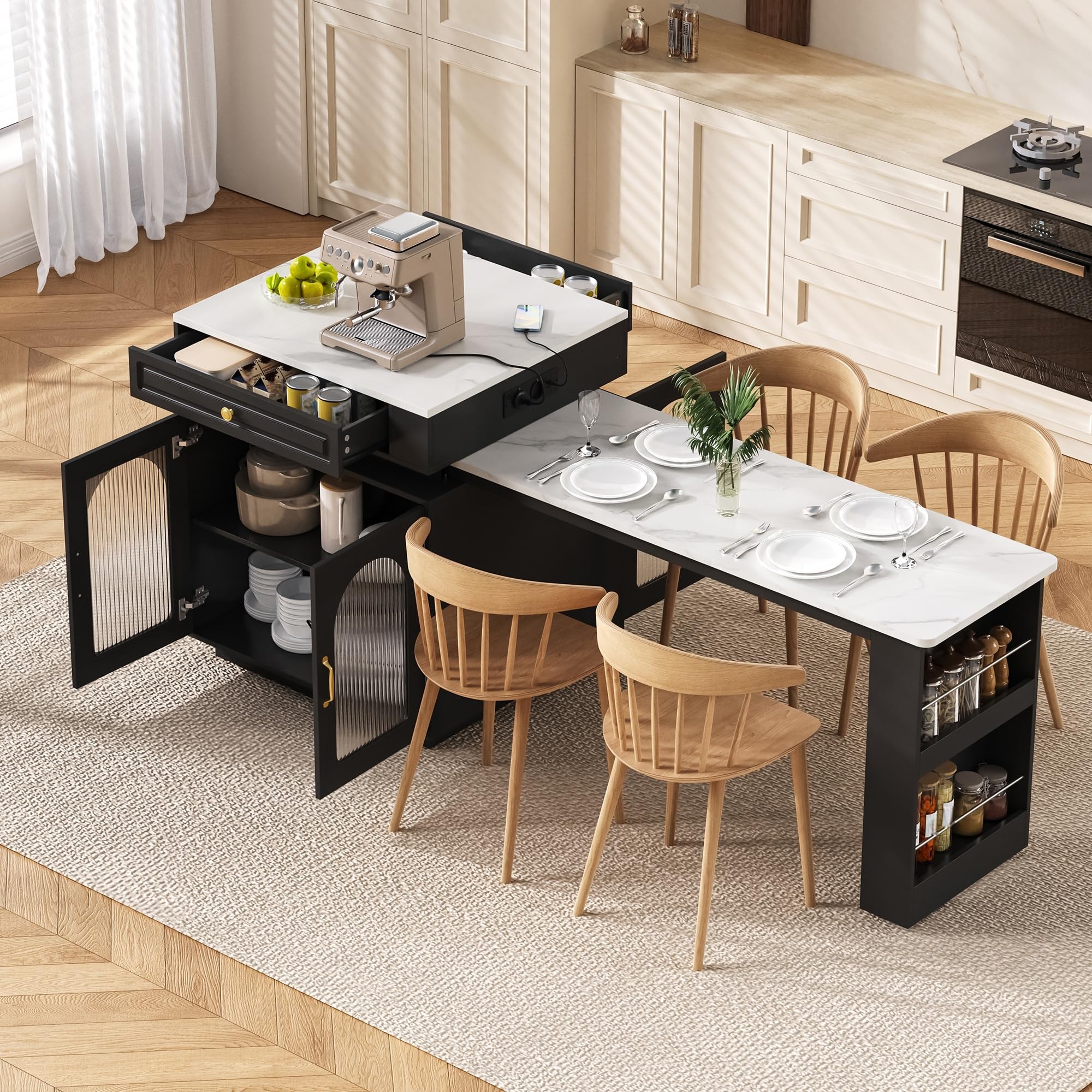 Isla de Cocina con LED, Mesa Extensible con Tablero Extraíble y Regletas de Enchufes, Mesa Alta con Puerta de Cristal y Cajones, Modern Mueble Buffet con Almacenamiento, 128~200×71×92cm (Negro)