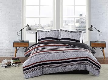 London Fog Warren Stripe Grey and Black Polyester 2-Piece Twin XL Comforter Set, Stripe, 100% Polyester, for Men and Women, OEKO-TEX Certified Confidence