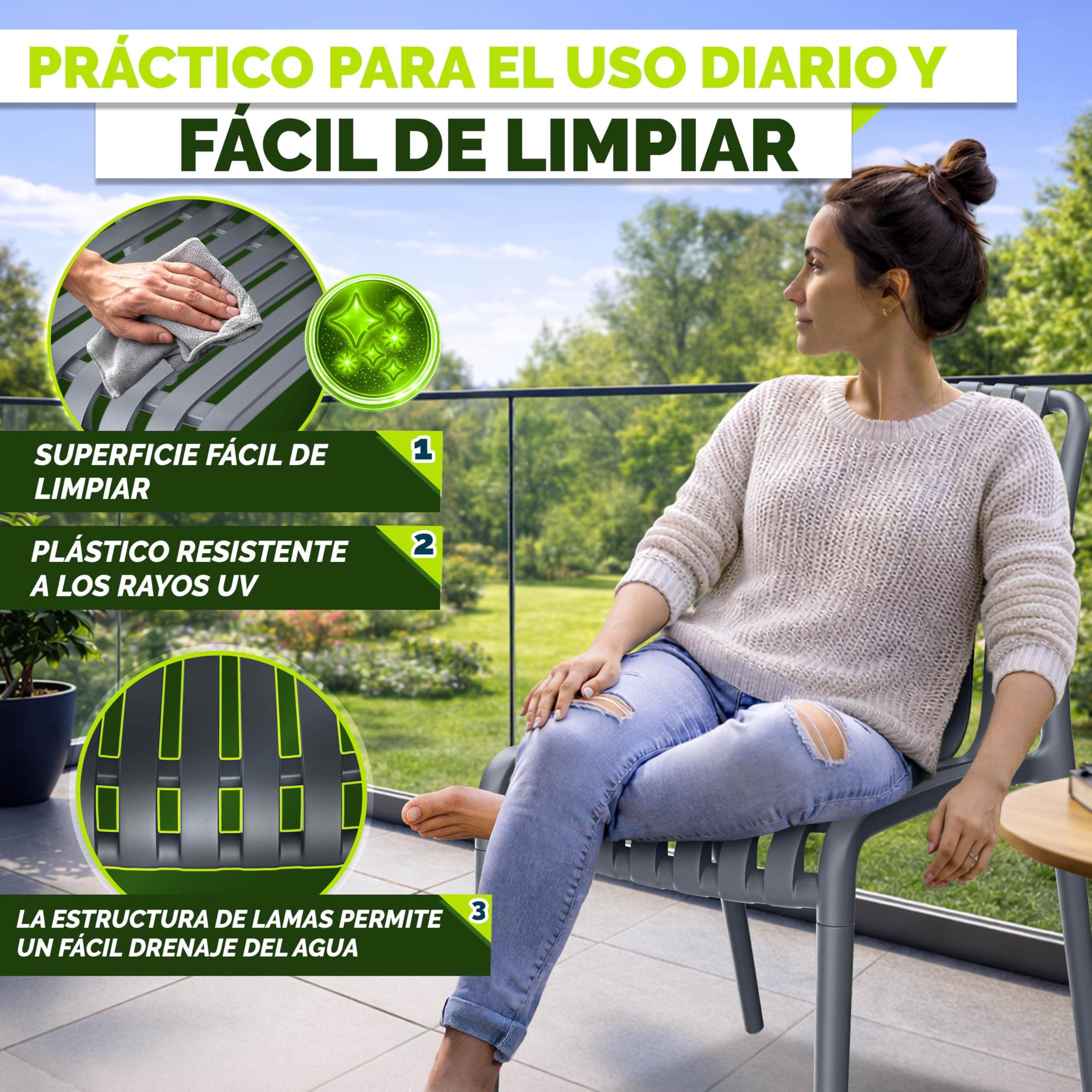 tillvex Juego de 2 sillas de jardín apilables, resistentes a la intemperie, sillas de exterior de hasta 120 kg, sillas de jardín para exteriores, muebles de terraza, balcón, jardín, terraza
