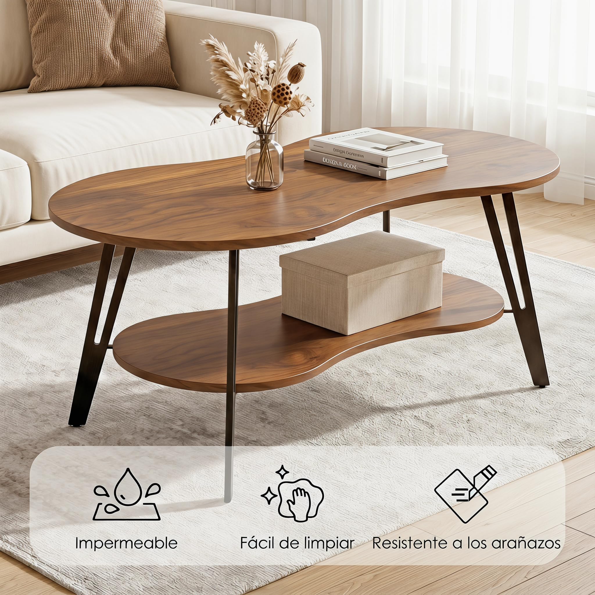Manora Mesa de Centro Moderno, Mesa de Salón Industrial Ovalada con Almacenamiento, Mesa Baja Salón para Salón, Dormitorio y Oficina (Dos Plantas)