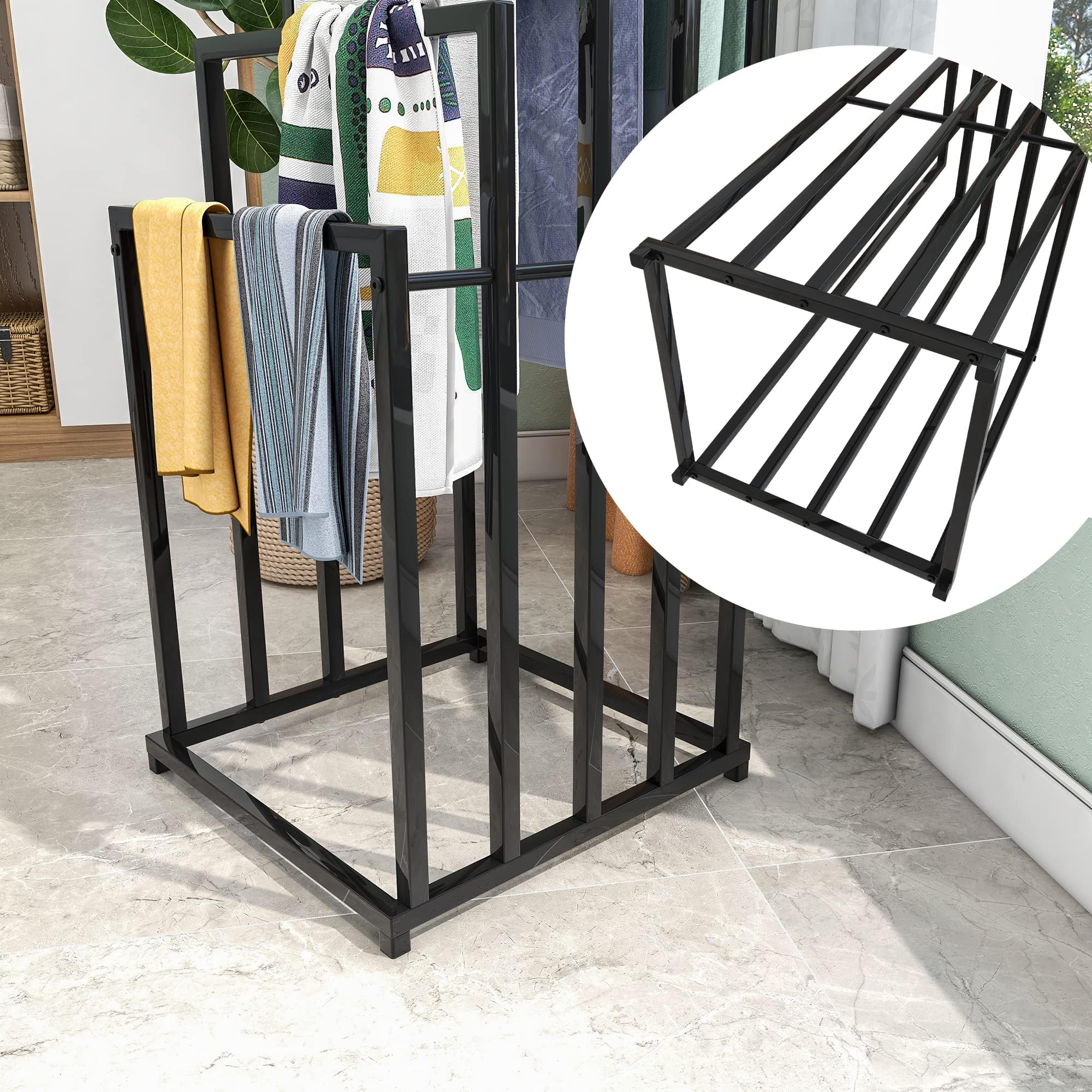 JELUTE 3-laags vrijstaand handdoekenrek, handdoekhouder, metalen ladder, handdoekhouder, droogstandaard met 3 handdoekhouders en opbergplank, zwart