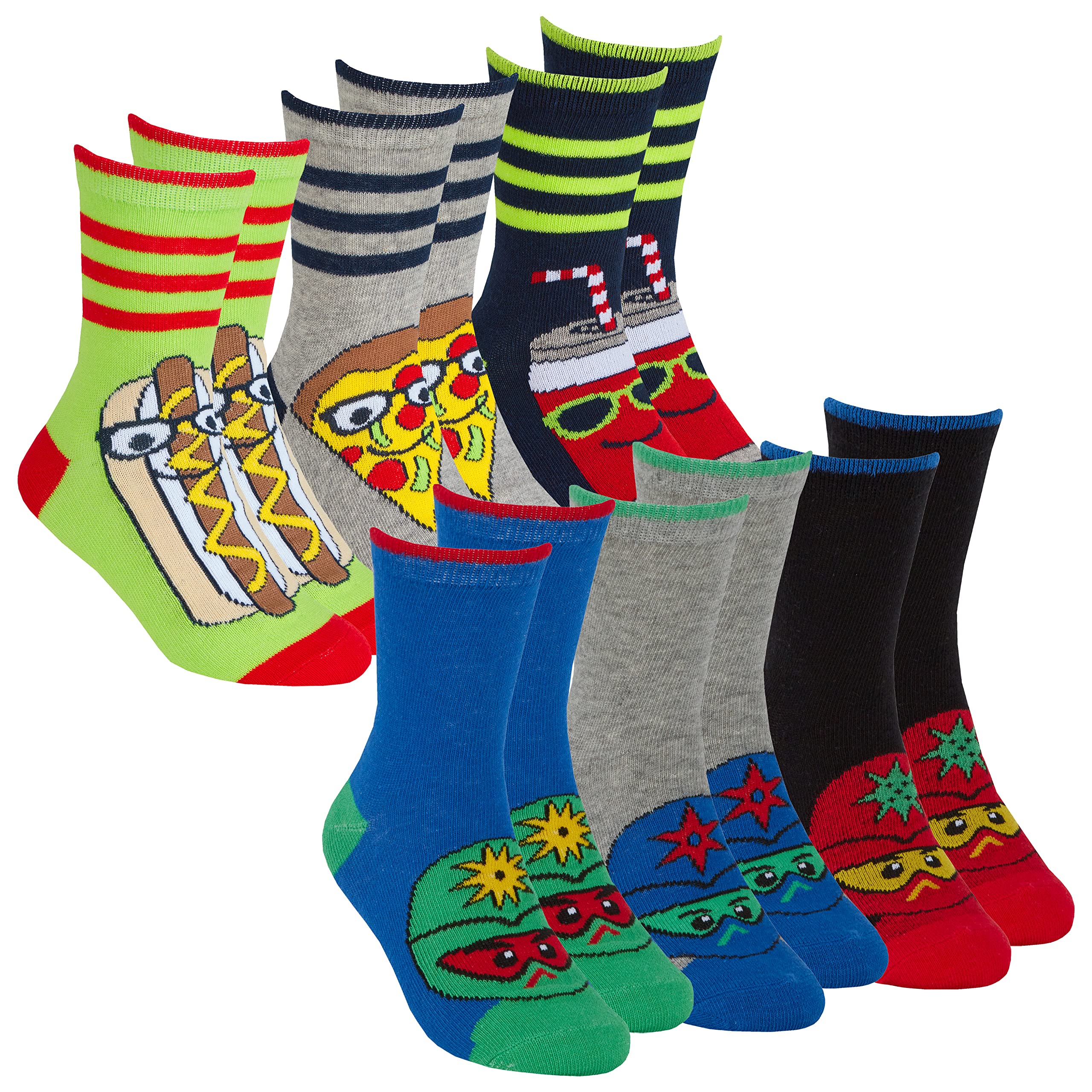 Metzuyan Kids Boys 6 Pairs Crew Socks Cotton Rich Novelty Cartoon Print Mid Calf Sock Ninja Food 6-8.5
