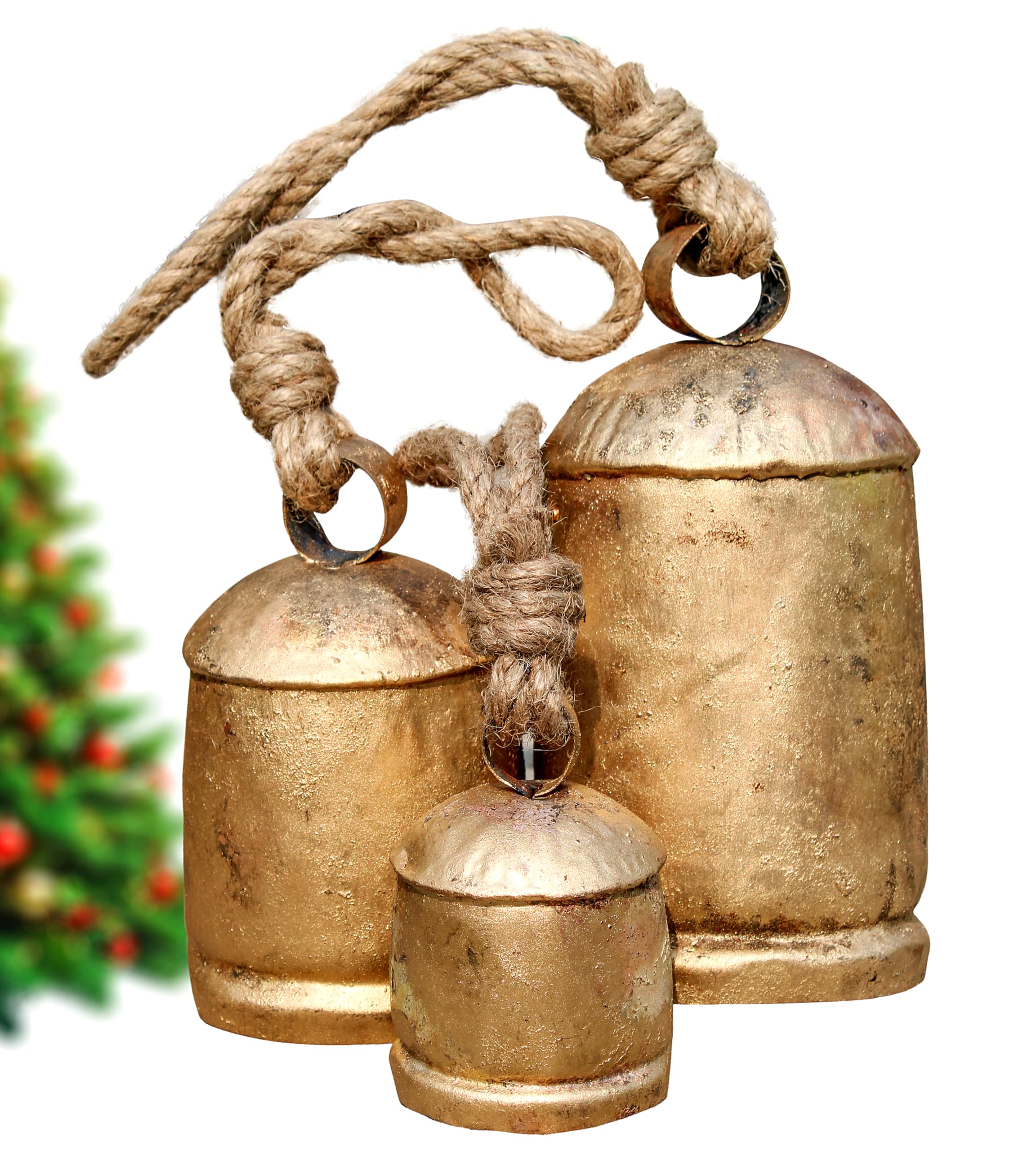 Set of 3 Metal Christmas Bells Vintage Handmade Rustic Door Hanging Bells Harmony Cow Bells for Lucky Christmas Décor Farmhouse Metal Shabby Chic Bells