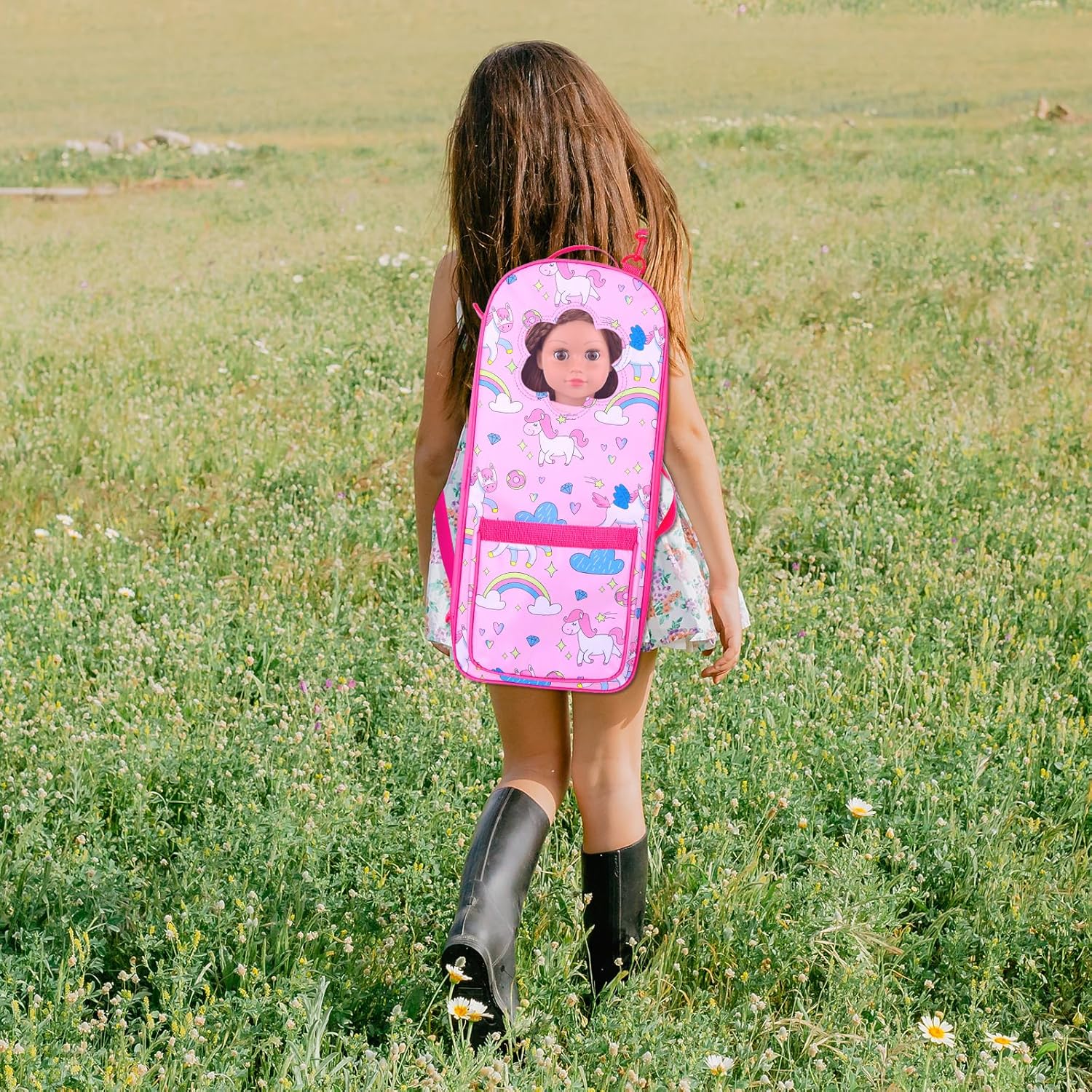 18 Inch Doll Storage Bag - 5PCS Unicorn Theme 18In Doll Accessories Set with Rainbow Dress, Hair Clip, Camera, Stickers & Fashion 18 Inch Dolls Carrier Bag | Perfect for 18" Dolls