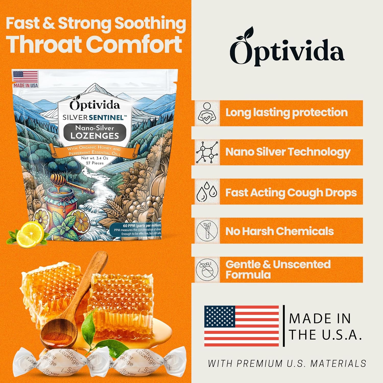 OPTIVIDA Nano Colloidal Silver Lozenges 60 PPM - Organic Cough Drops for Adults - Soothing Natural Honey Sore Throat Lozenges for Immune Support - Cold & Cough Relief Formula for Adults & Kids - 54ct