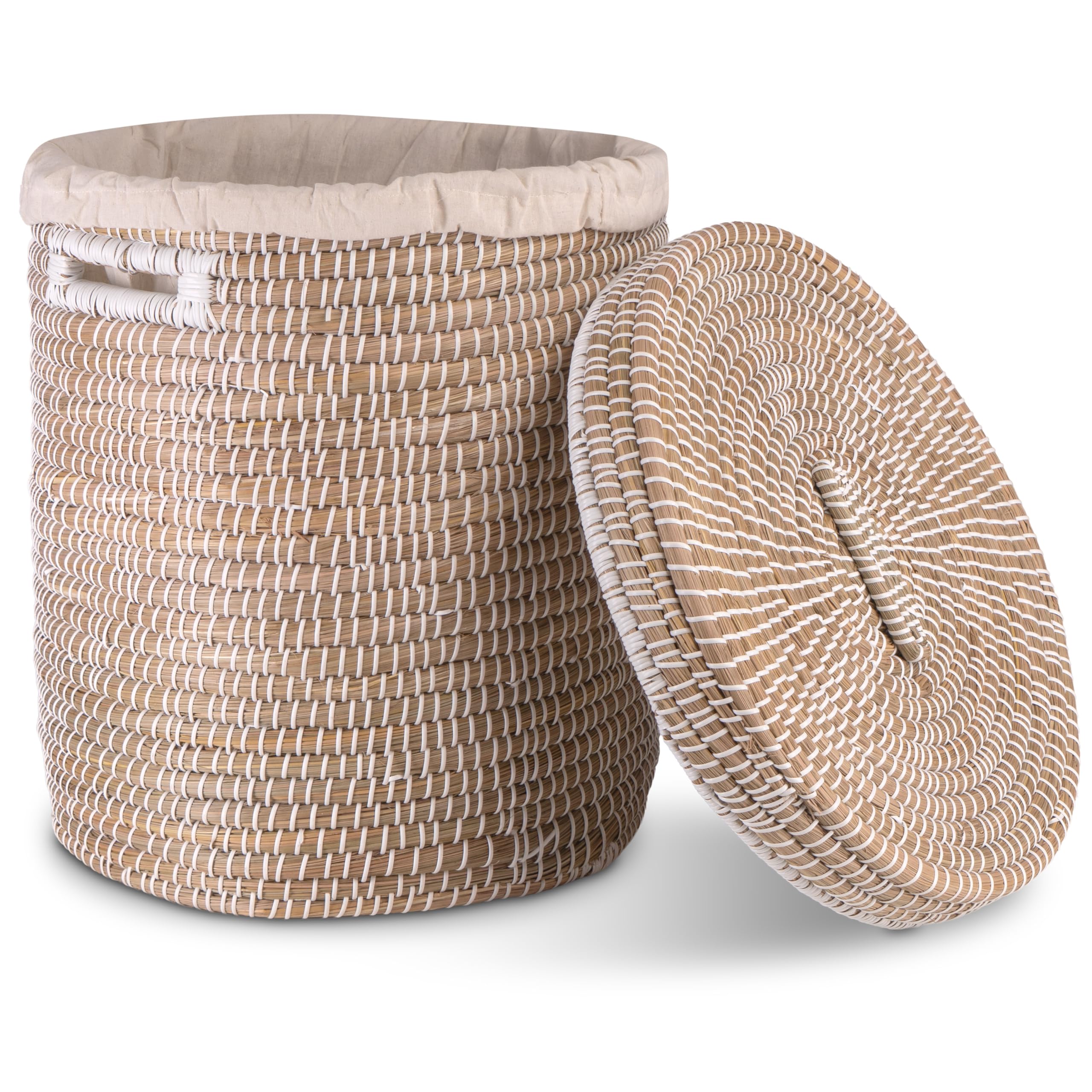 Decorasian Wäschekorb mit Deckel aus Seegras – Bast Wäschesammler geflochten, rund & groß – 3er Set oder Einzeln – Boho Korb für Wäsche, Spielzeug & Decken – Nachhaltig & Robust, 45cm x 48cm
