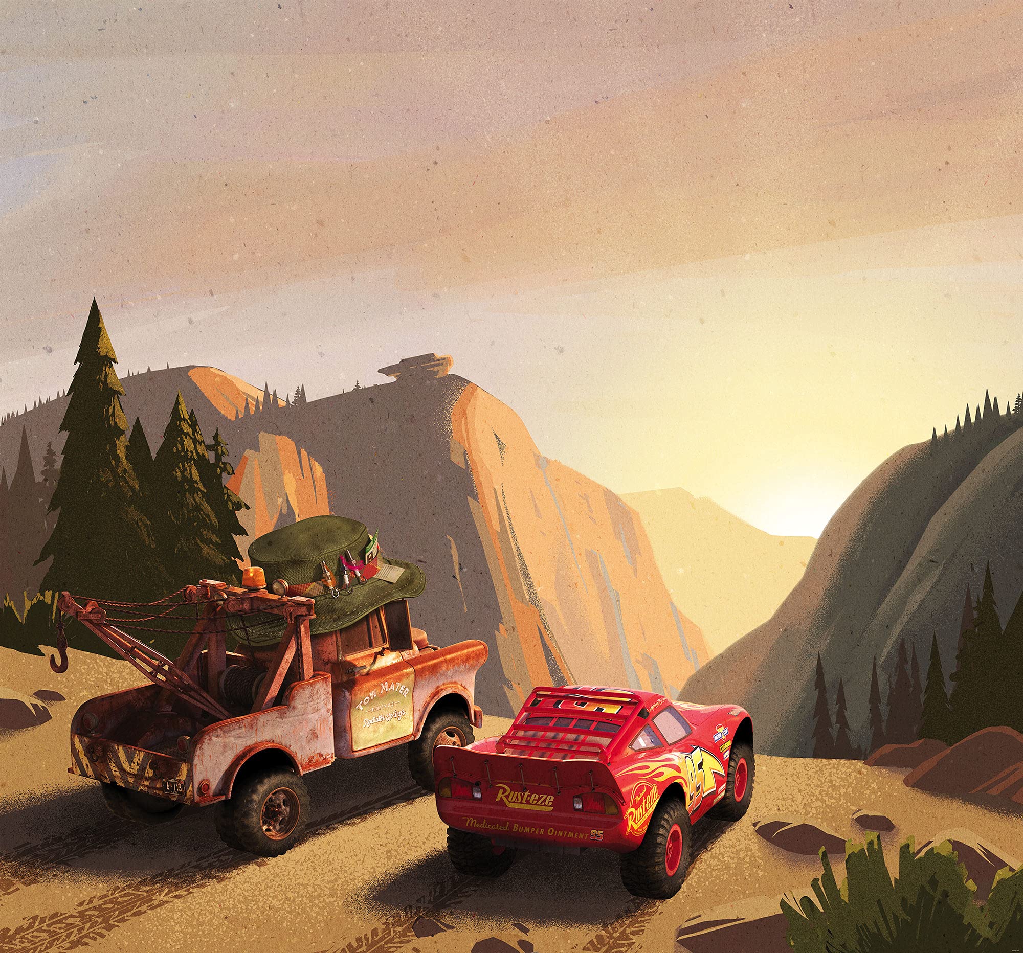 Komar Disney Vlies Fototapete - Cars Sundown - Größe: 300 x 280 cm (Breite x Höhe) - Kinderzimmer, Wandtapete, Berge, Autos - IADX6-032