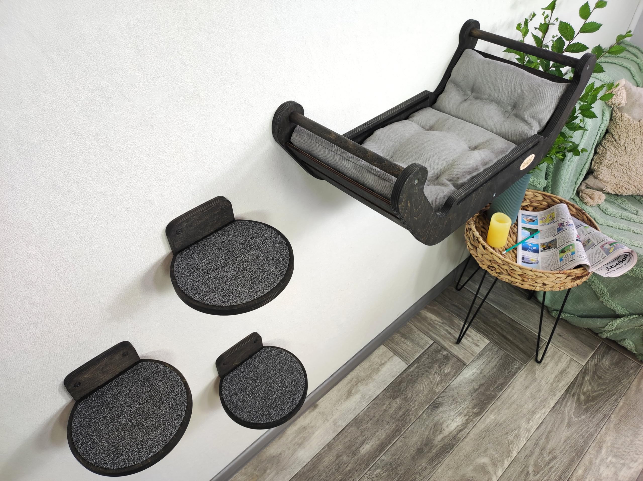 An der Wand Montiertes Katzenmöbel-Set: Bett und 3 Stufen, Katzenbett, Modernes Katzen-Wandregal-Möbelset zum Schlafen, Spielen, Klettern und Entspannen. (Dunkle Farbe)