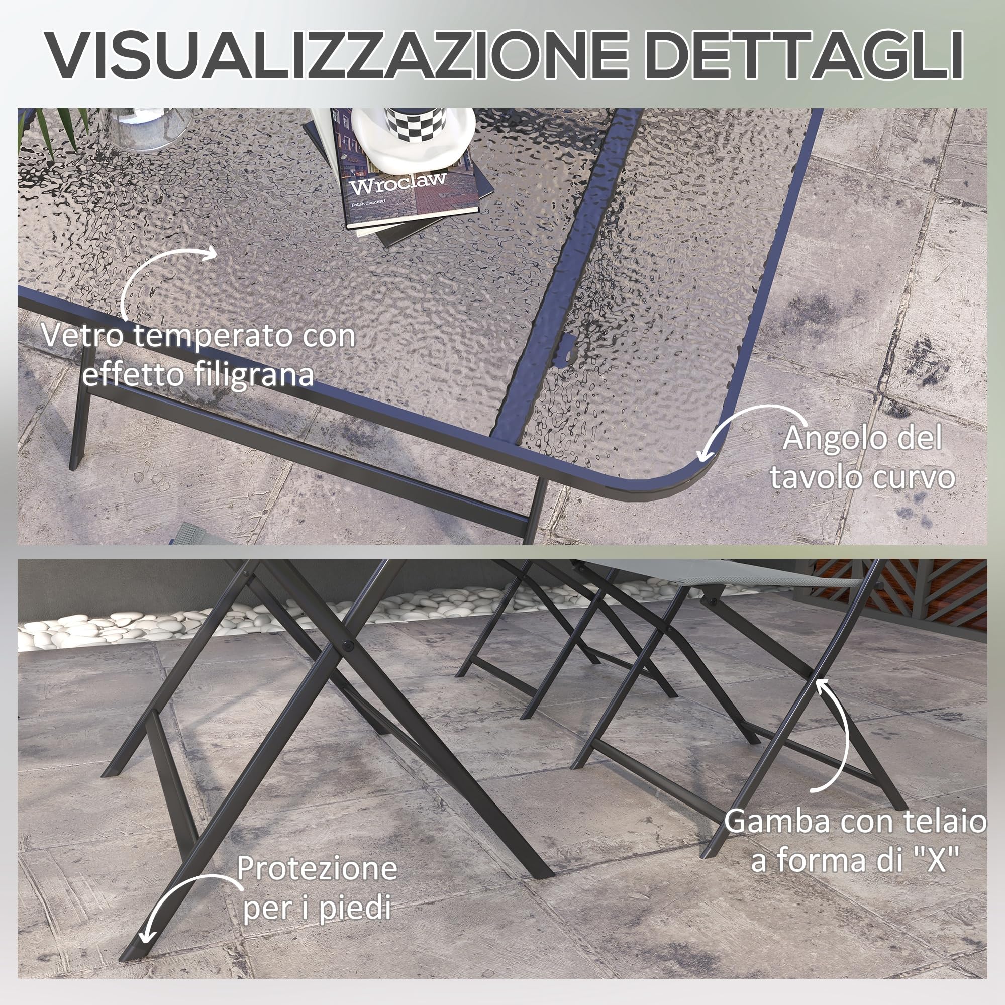 Outsunny Set Tavolo e Sedie da Giardino 5 Pezzi Pieghevole, Metallo, Grigio