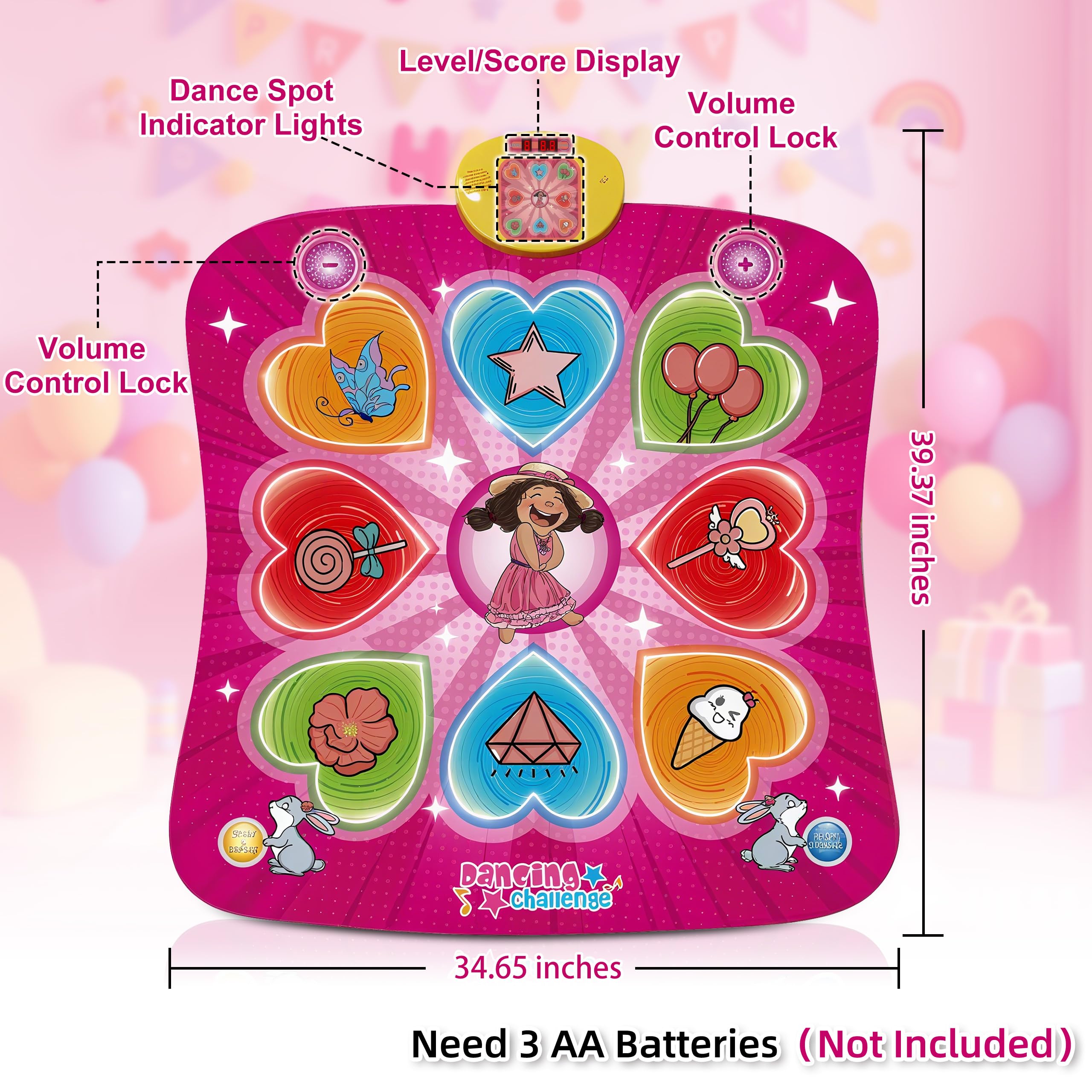 Tapete de baile para niños y niñas de más de 3 años, tapete de juego de baile de regalo para niños, almohadilla de baile con luz LED, volumen ajustable, música integrada, 3 niveles de desafío 3
