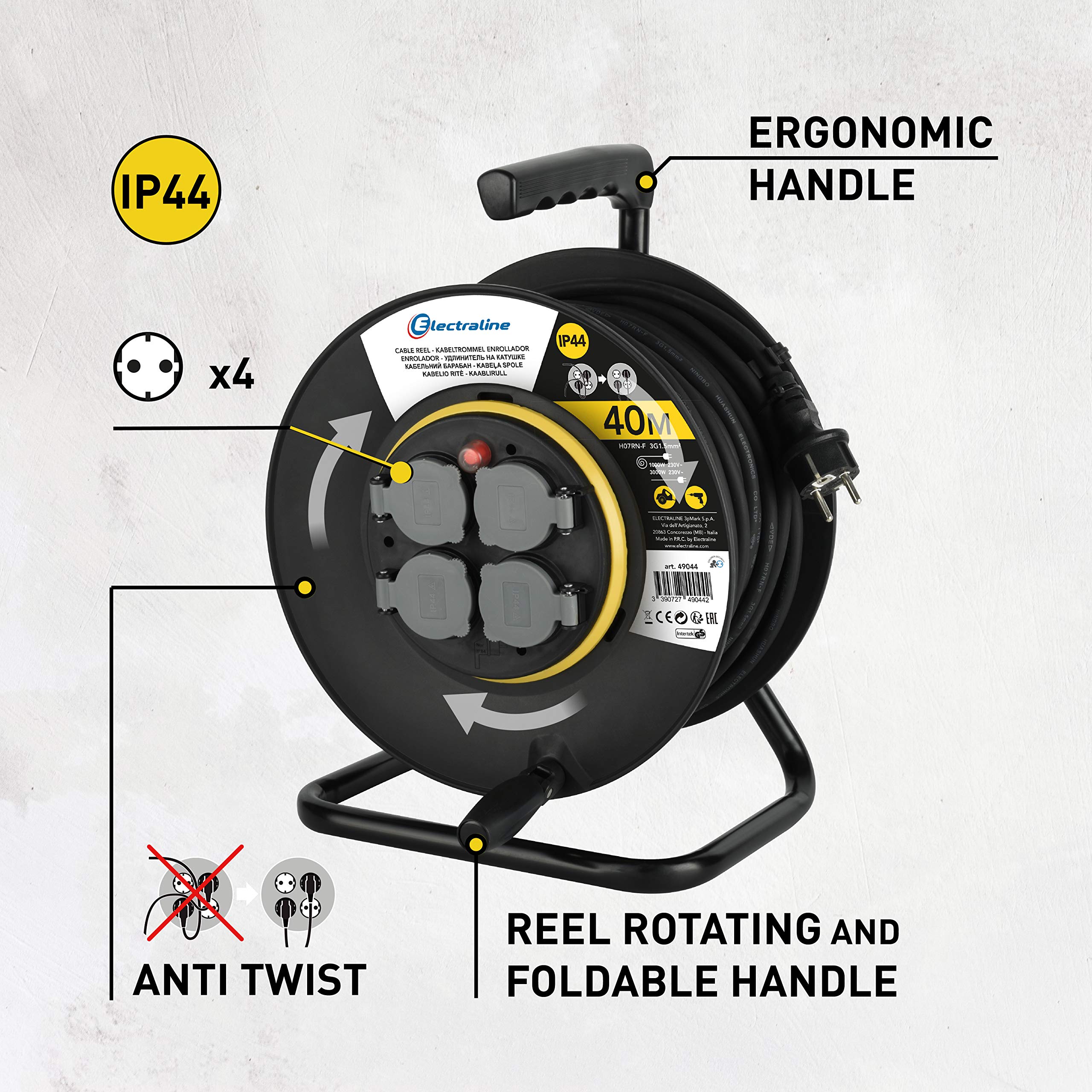 Electraline PRO-Line 49044 Prolunga per Cavi con Avvolgicavo Professional 40 MT con 4 Prese Schuko IP44, Piastra Fissa, Cavo in Gomma H07 RN-F Sezione 3G1.5 mm², Nero