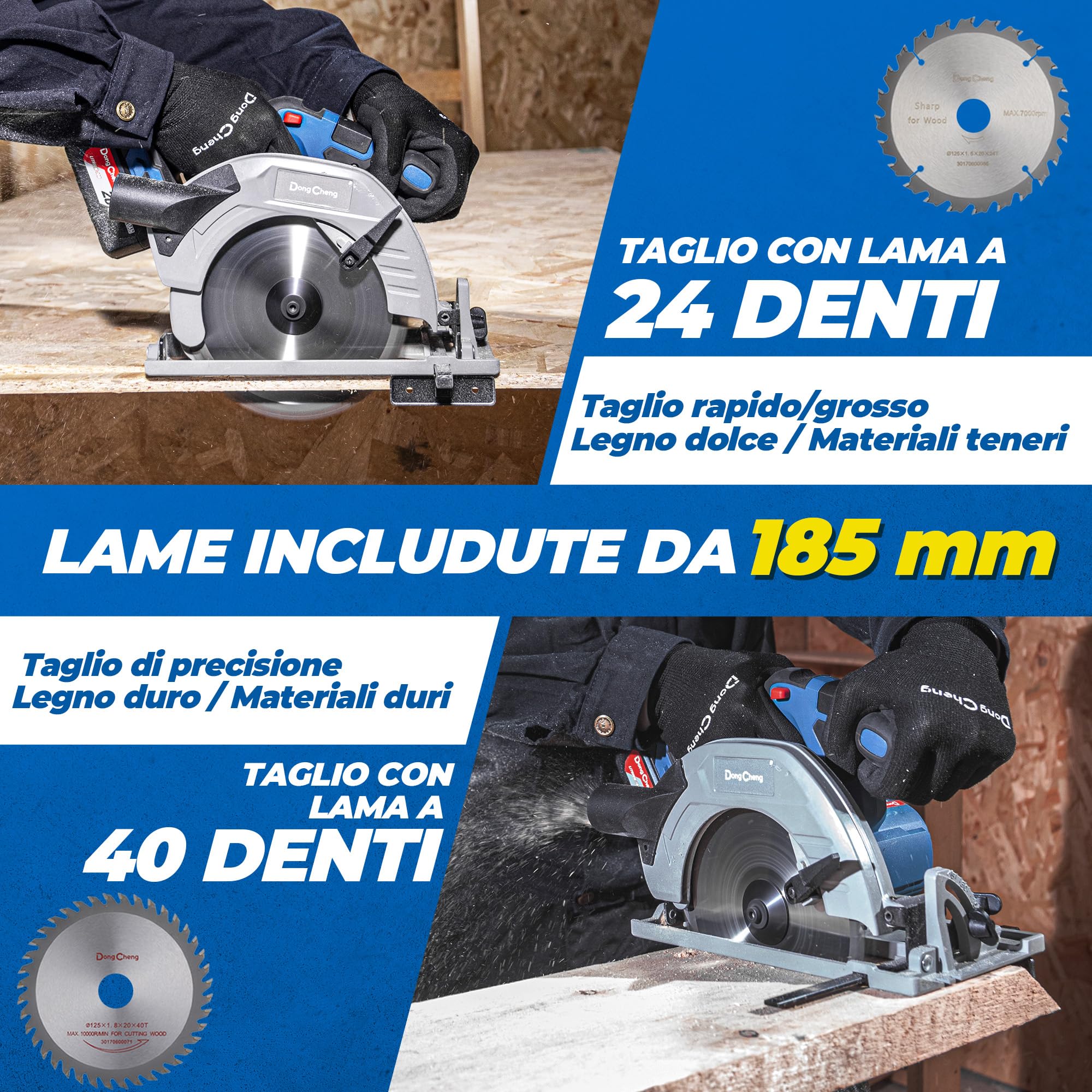 Dong Cheng Sega Circolare a Batteria da 18V, Diametro 185 mm, 5000 giri/min, Profondità di Taglio 65mm (90°)/45mm (45°) Con 4.0Ah Batteria, BOXX, Per Legno, Plastica, PVC