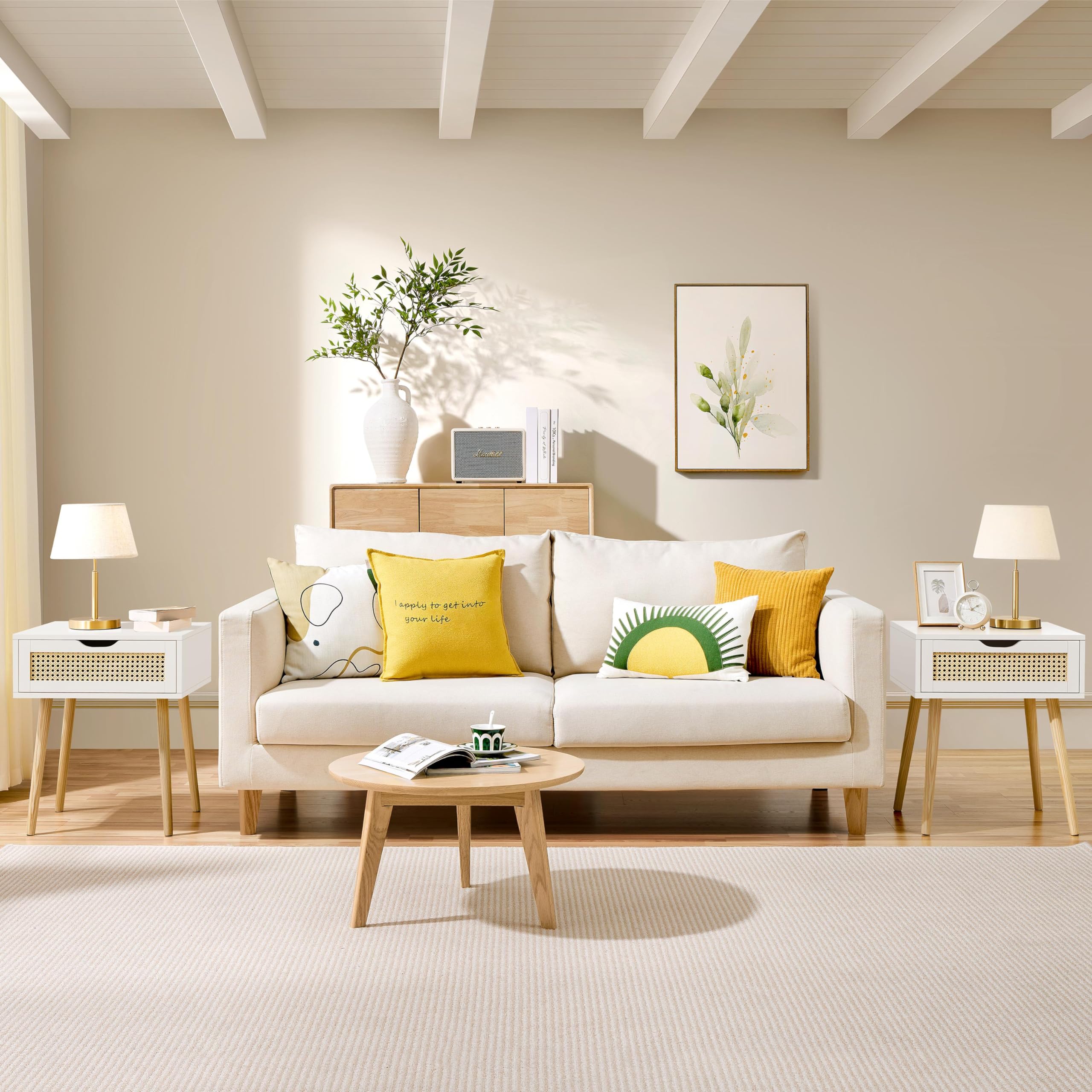 Yaheetech Set 2 Comodini Camera da Letto Comodino con Cassetto in Rattan Gambe in Legno Mobiletto Organizzatore da Letto Tavolini d'Appoggio 48,3 x 40,7 x 57,7 cm Bianco