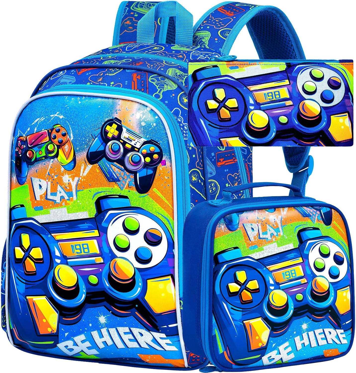 Gamer Backpack for Boys, 16" Kids Bookbag with Lunch Box, 3Pcs Gaming School Backpacks for Elementary Preschool Kindergarten (Blue)