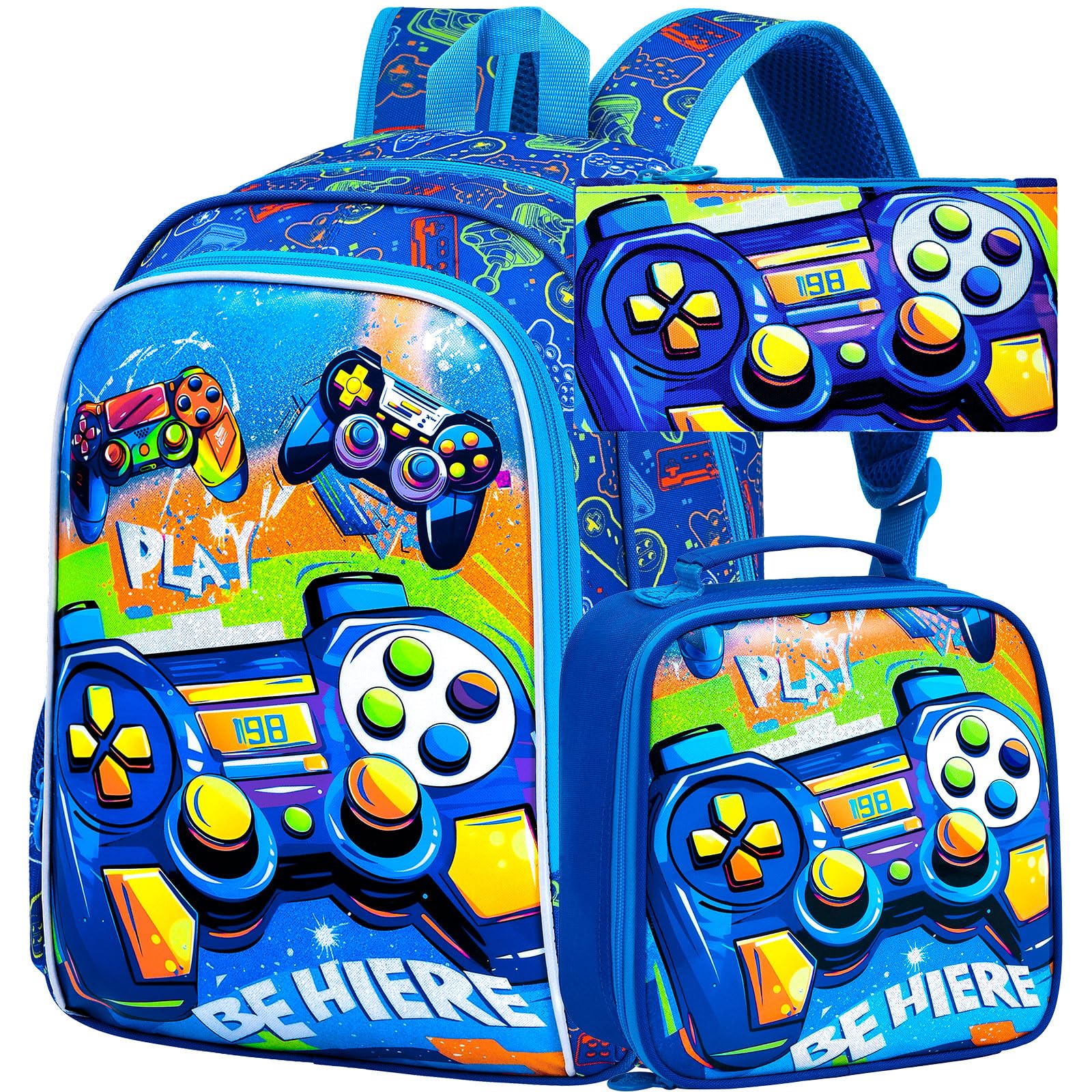 FTJCF Gamer Backpack for Boys, 16" Kids Bookbag with Lunch Box, 3Pcs Gaming School Backpacks for Elementary Preschool Kindergarten (Blue)
