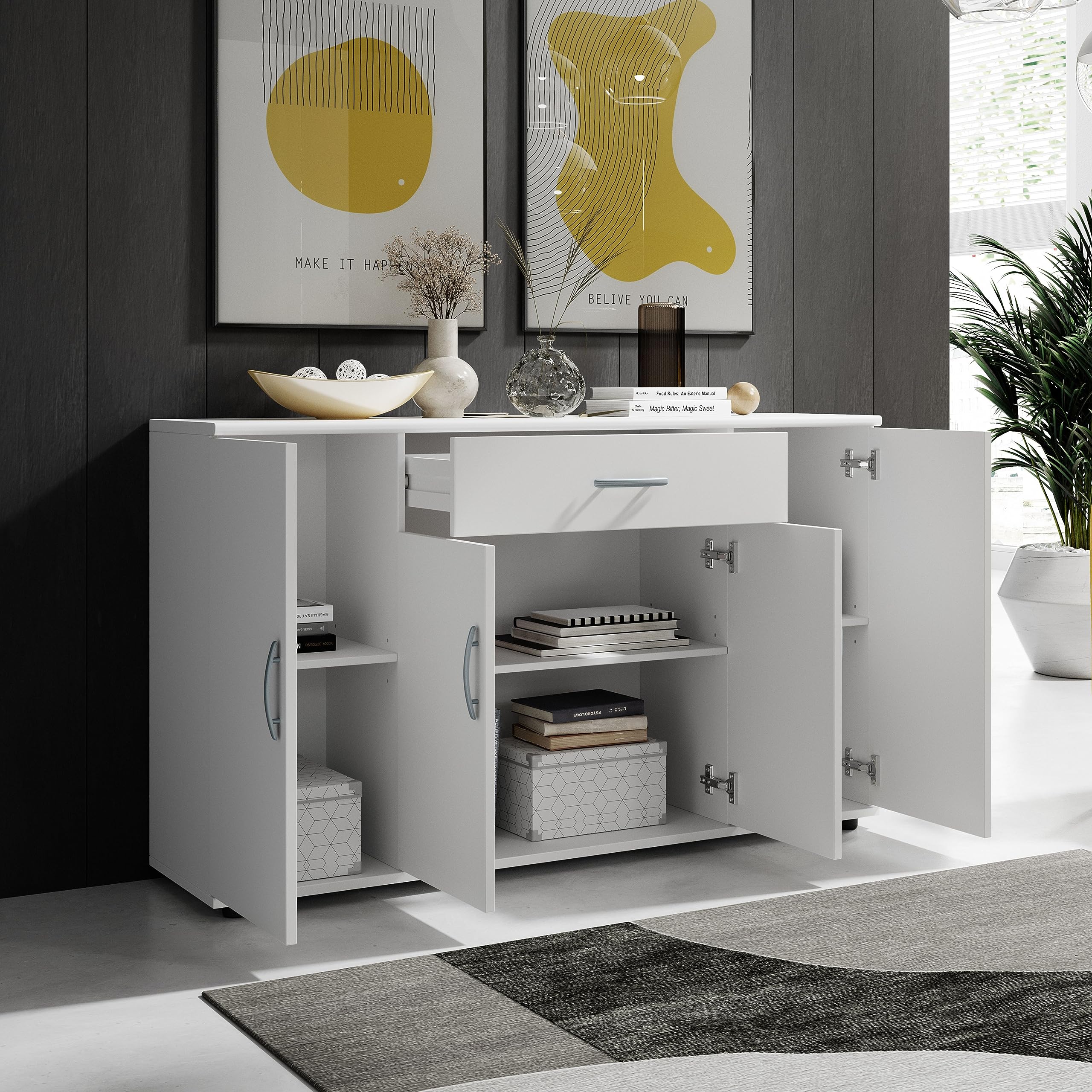 Stella Trading LILLY Sideboard in Weiß - Moderne Kommode mit Schublade und viel Stauraum für Wohnzimmer, Esszimmer und Flur - 118 x 70 x 30 cm (B/H/T)