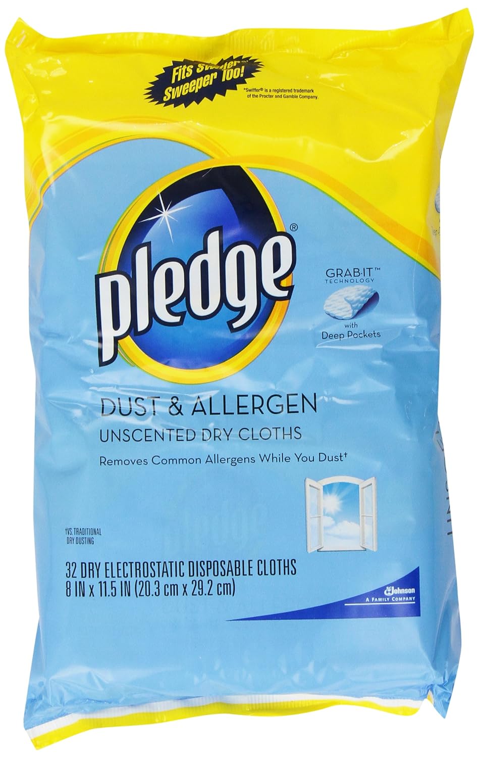 Pledge GrabIt Dust & Allergen unscented dry cloths, 32Count (Pack of