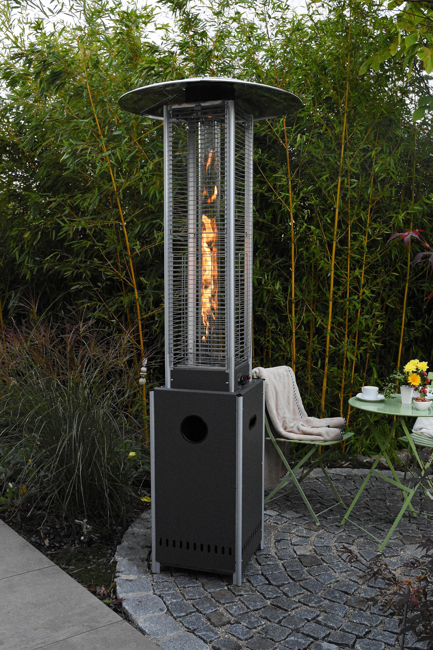 APANA Gasheizer 12,5 kW Bellamente Cristal – Gas Heizpilz in Schwarz mit Transportrollen – Terrassenheizer mit Umkippsicherung & Abschaltautomatik – Outdoor Heizstrahler für Garten & Balkon