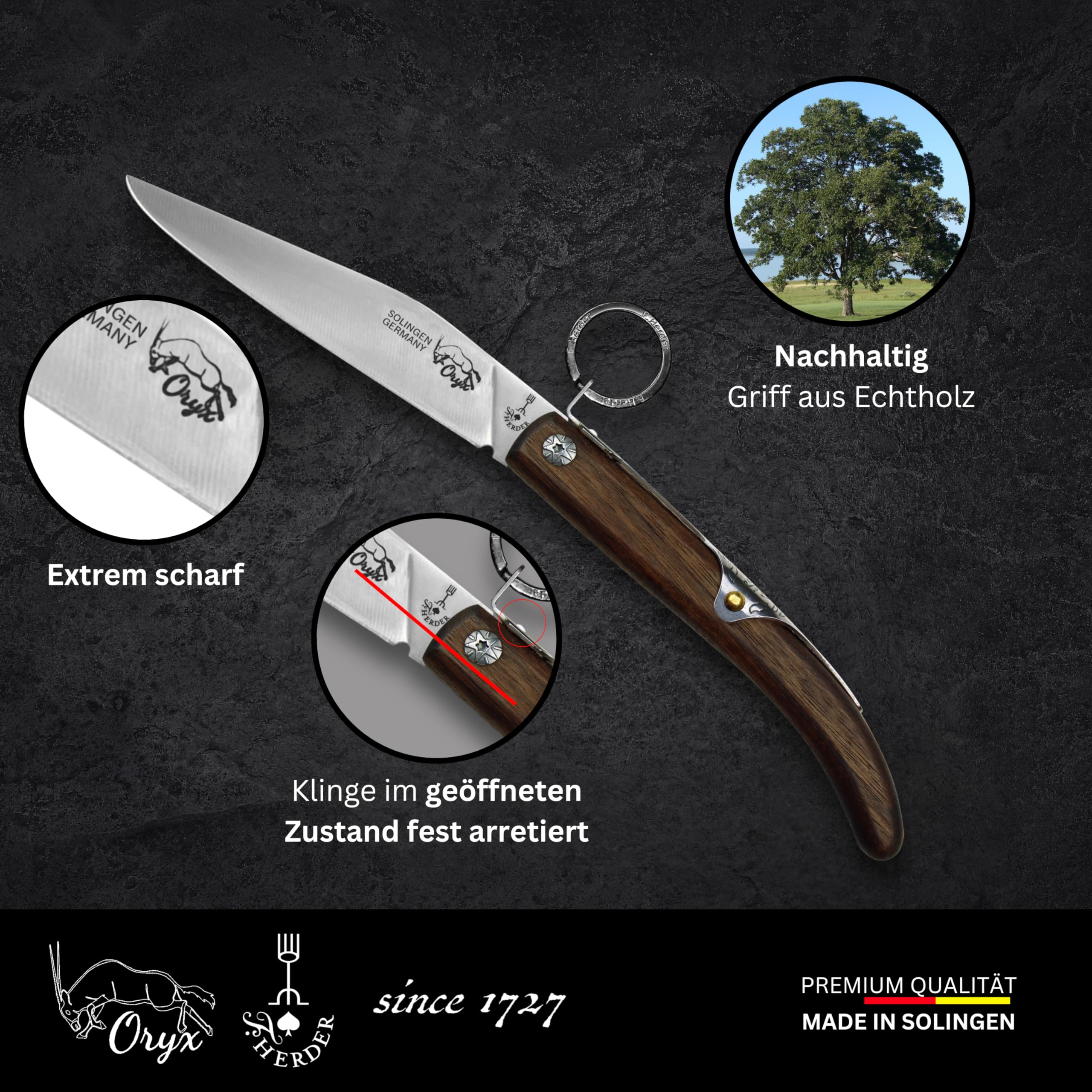 Original Oryx Taschenmesser/Steakmesser, Ring-lock Forkbrand aus Solingen - Walnuss, Premium, 11 cm Klingenlänge, einklappbar