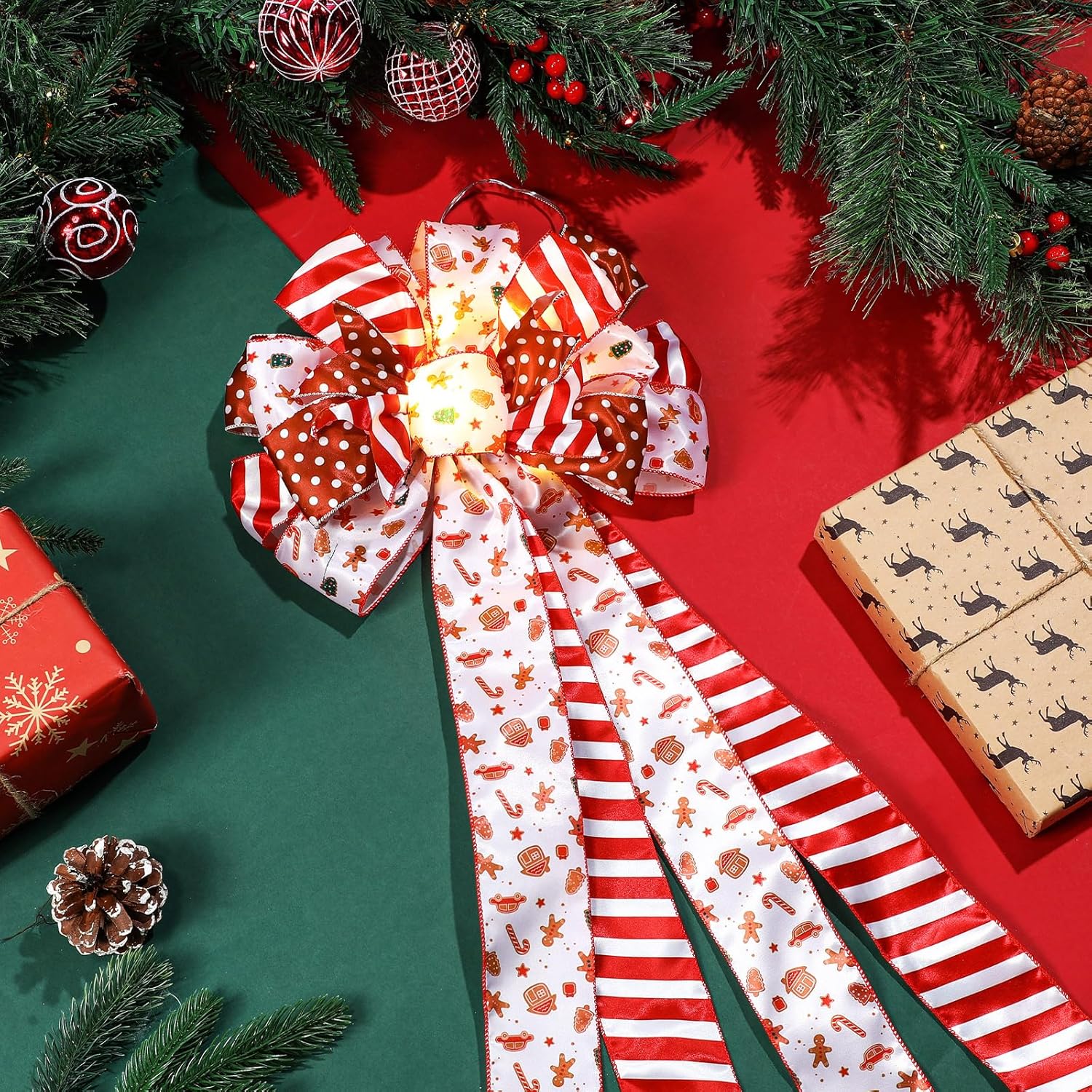 Christmas Tree Topper 12 x 45'' Large Christmas Bows with Glitter Large Gingerbread Man Toppers Decorative Gift Bows for Wreaths Thanksgiving Xmas Tree Ornament - Image 5