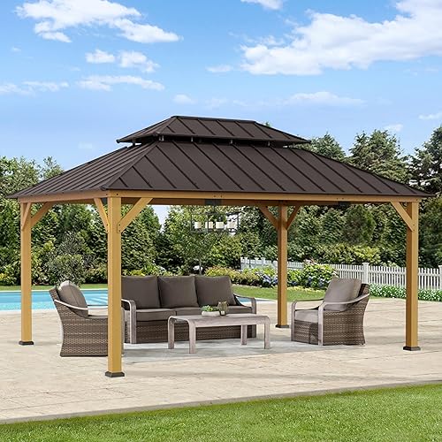 Miniatura 2 de Sunjoy Gazebo de madera de 12 x 20 pies, kiosco de aluminio para patio al aire libre, kiosco de madera con marco de cedro con techo de 2 niveles,