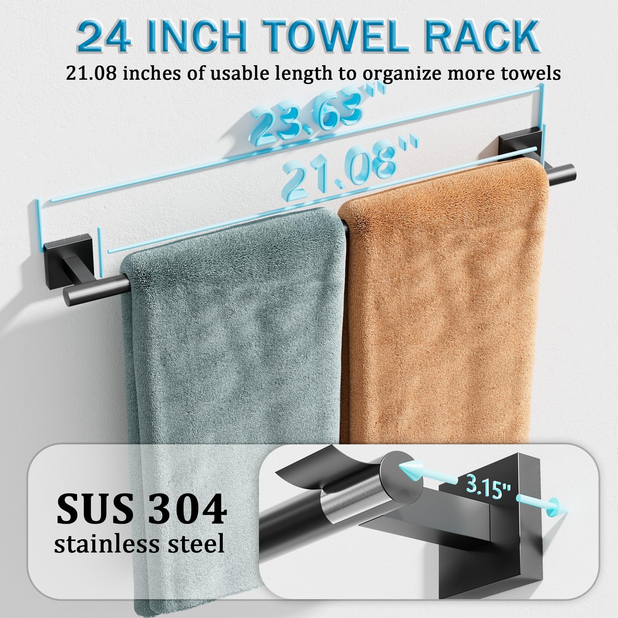 Mooche Porte Serviette Salle de Bain, Longueur 60 CM, Porte Serviette Mural en SUS 304 Acier Inoxydable, Porte Serviette Cuisine Antirouille et Durable, Porte Serviette avec Percage, Noir