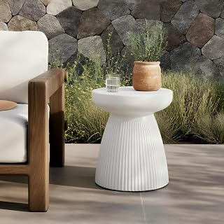 Christopher Knight Home Luce Round Side Table, Outdoor Concrete End Table, Vertical Texture Accent Table, Decorative Side Table, Stylish End Table for Patio Balcony Beach Pool Side, White